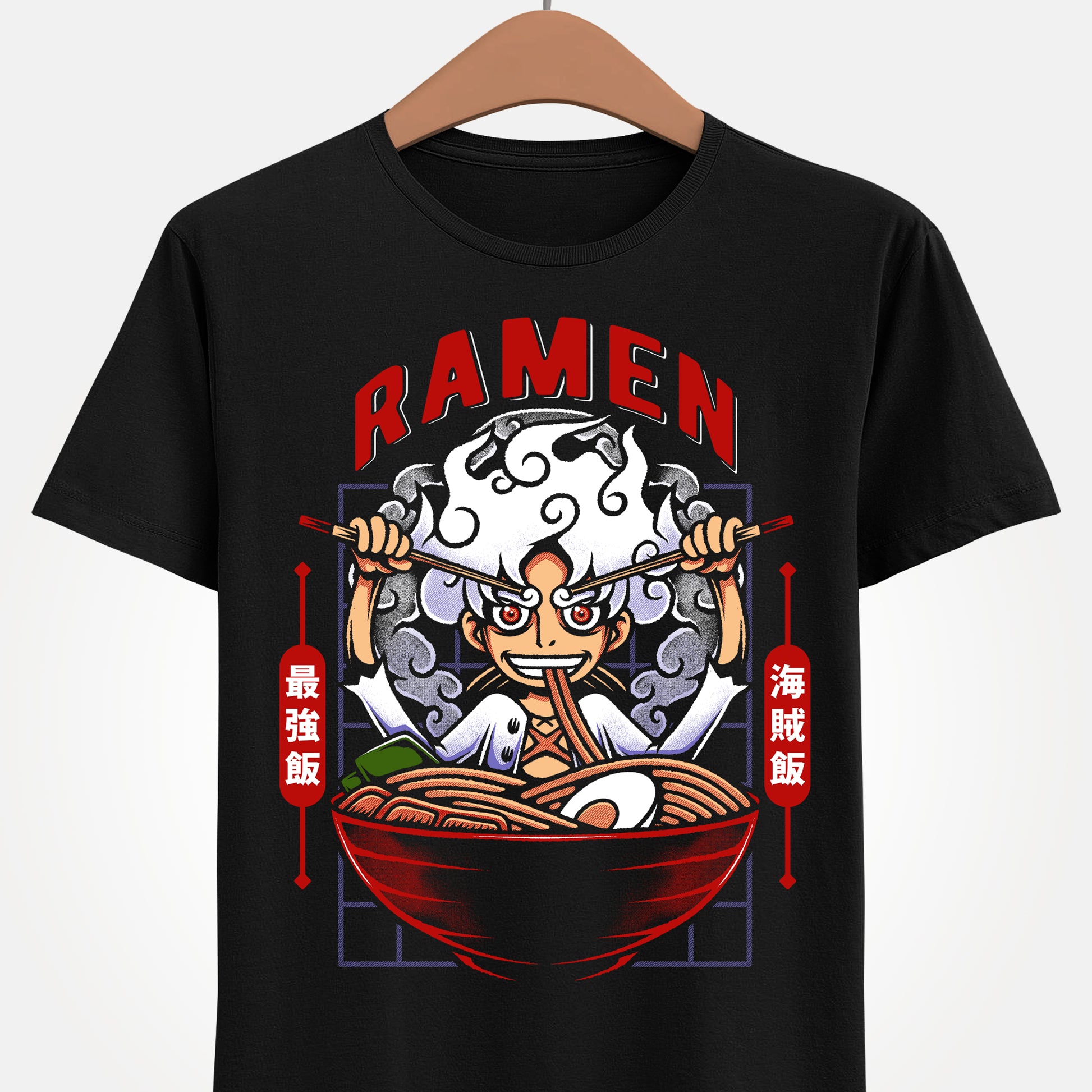 Gear 5 Luffy One Piece ramen t-shirt featuring Sun God Nika inside a Japanese noodle bowl with chopsticks in a foodie anime streetwear design inspired by the Straw Hat Pirates.