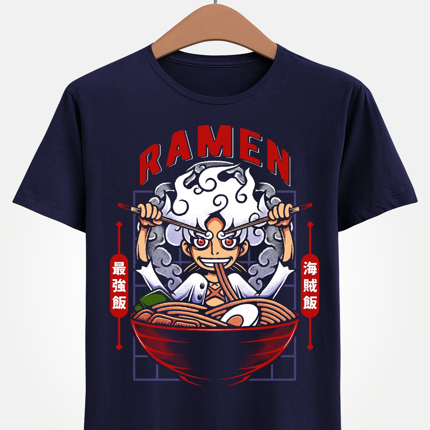 Gear 5 Luffy One Piece ramen t-shirt featuring Sun God Nika inside a Japanese noodle bowl with chopsticks in a foodie anime streetwear design inspired by the Straw Hat Pirates.
