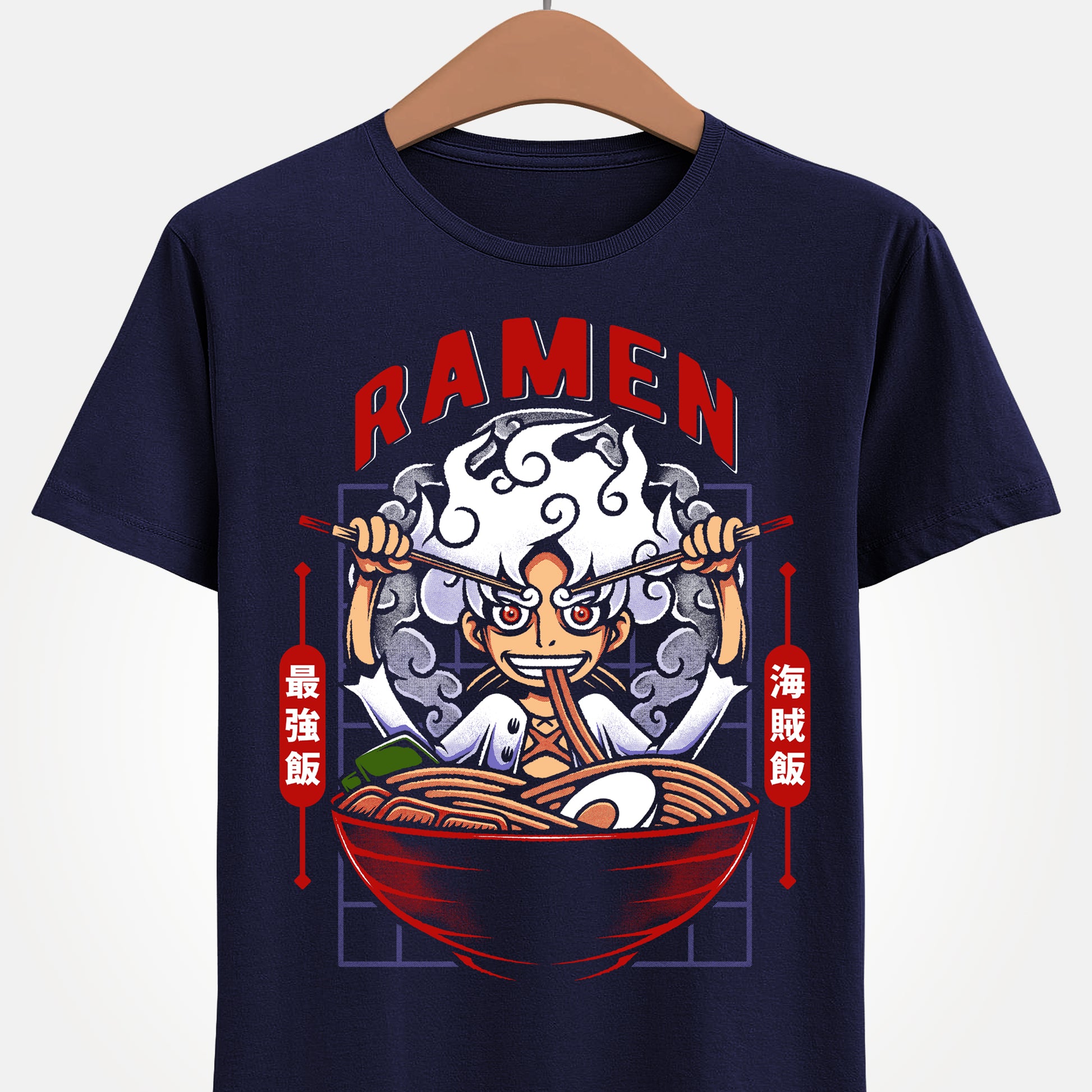 Gear 5 Luffy One Piece ramen t-shirt featuring Sun God Nika inside a Japanese noodle bowl with chopsticks in a foodie anime streetwear design inspired by the Straw Hat Pirates.