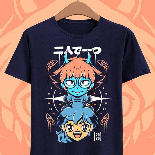 Orbitals Maki and Omura t-shirt featuring the two inseparable space explorers together as one