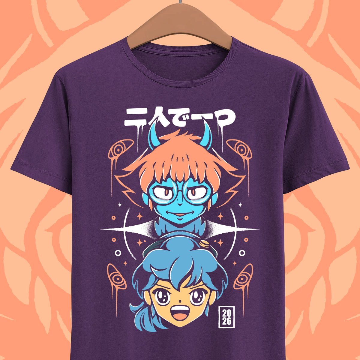 Maki and Omura retro anime t-shirt inspired by the Orbitals co-op adventure