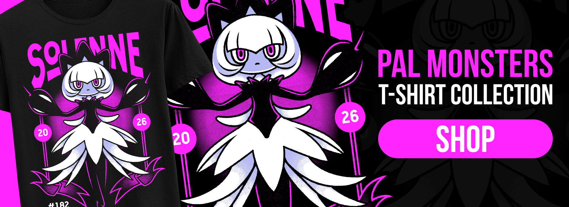 Palworld t-shirt collection banner featuring Solenne inspired artwork and original Pal designs by Alundrart.