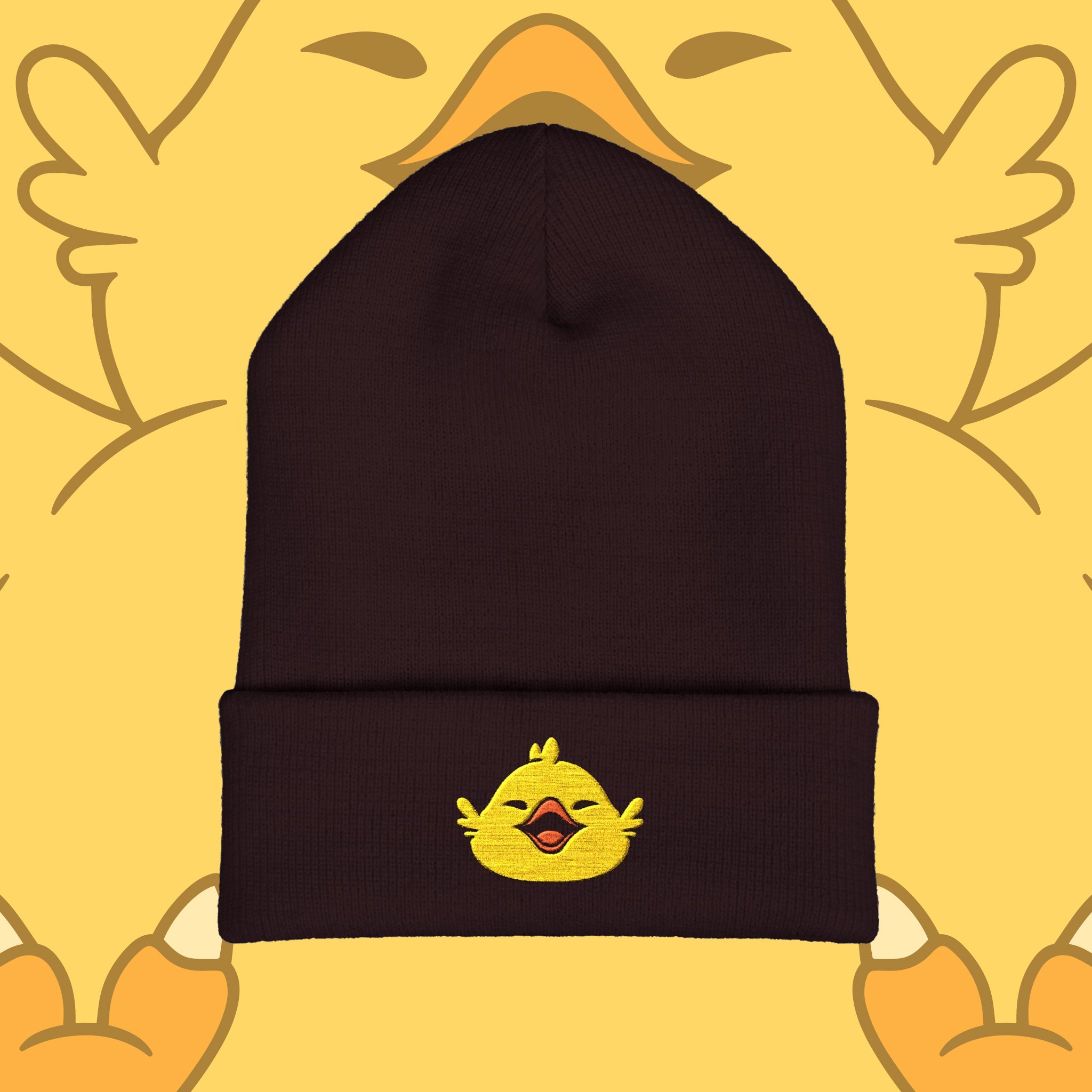 Fat Chocobo embroidered gaming beanie inspired by Final Fantasy XIV and Final Fantasy RPG video games displayed as a stylish cuffed winter hat.