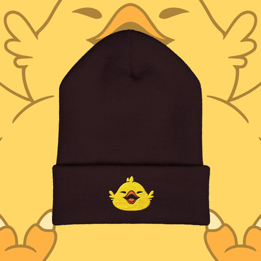 Fat Chocobo embroidered gaming beanie inspired by Final Fantasy XIV and Final Fantasy RPG video games displayed as a stylish cuffed winter hat.