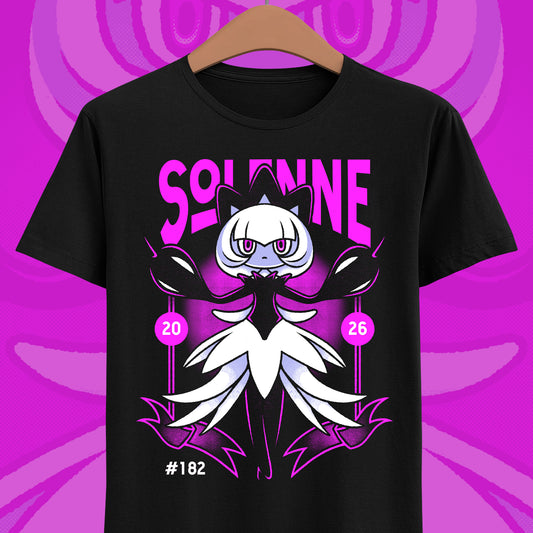 Palworld Solenne t-shirt featuring the Dark and Neutral Pal inspired by her elegant dancer appearance, Untainted Maiden skill and black feather aesthetic.