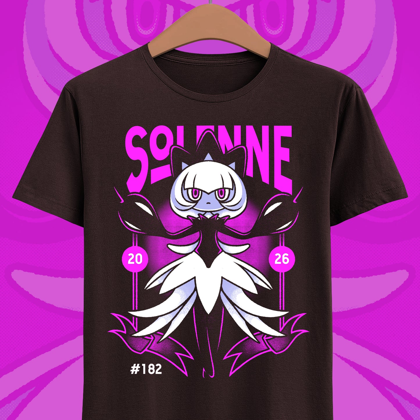 Palworld Solenne t-shirt featuring the Dark and Neutral Pal inspired by her elegant dancer appearance, Untainted Maiden skill and black feather aesthetic.