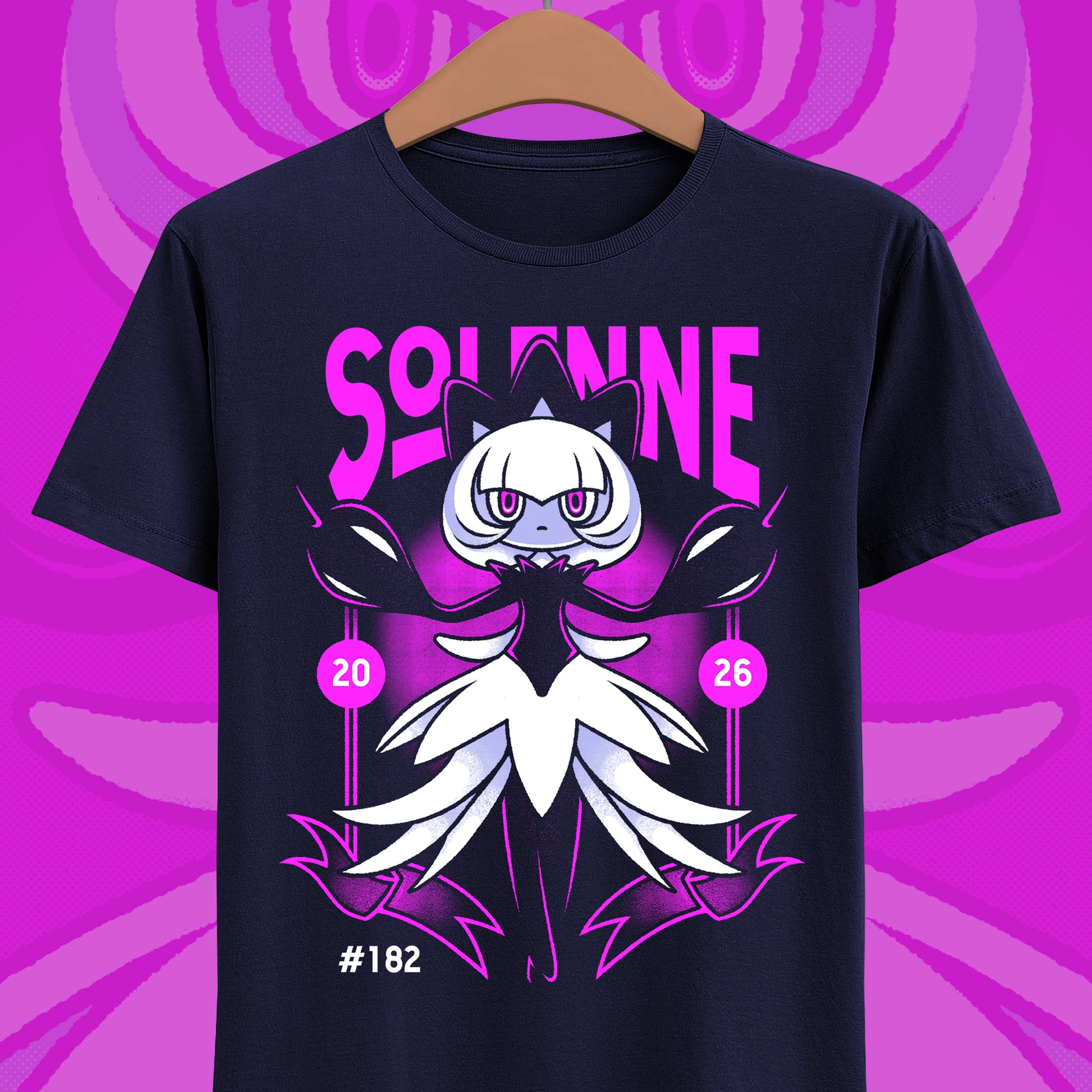 Palworld Solenne t-shirt featuring the Dark and Neutral Pal inspired by her elegant dancer appearance, Untainted Maiden skill and black feather aesthetic.