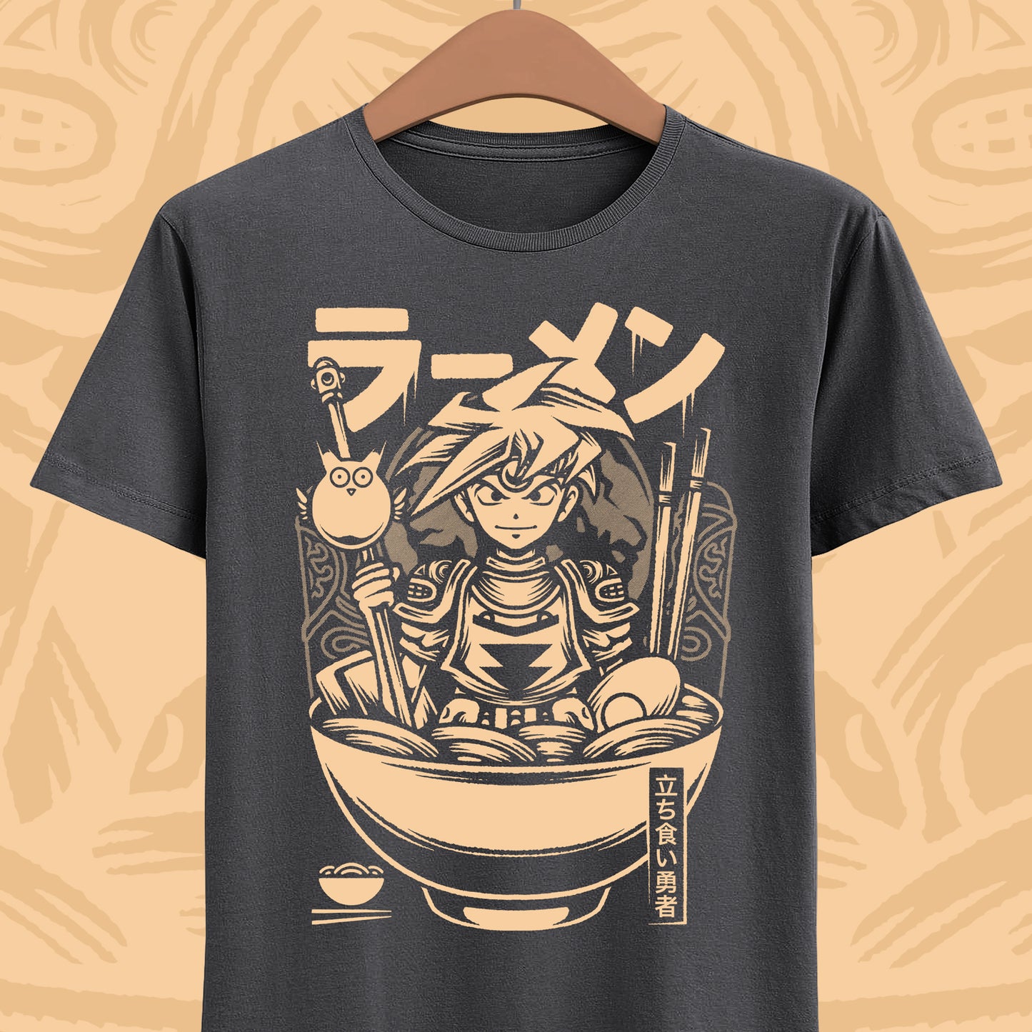 Terranigma Ark and Yomi Noodle King ramen t-shirt inspired by the Neotokio noodle eating contest from the classic SNES RPG.