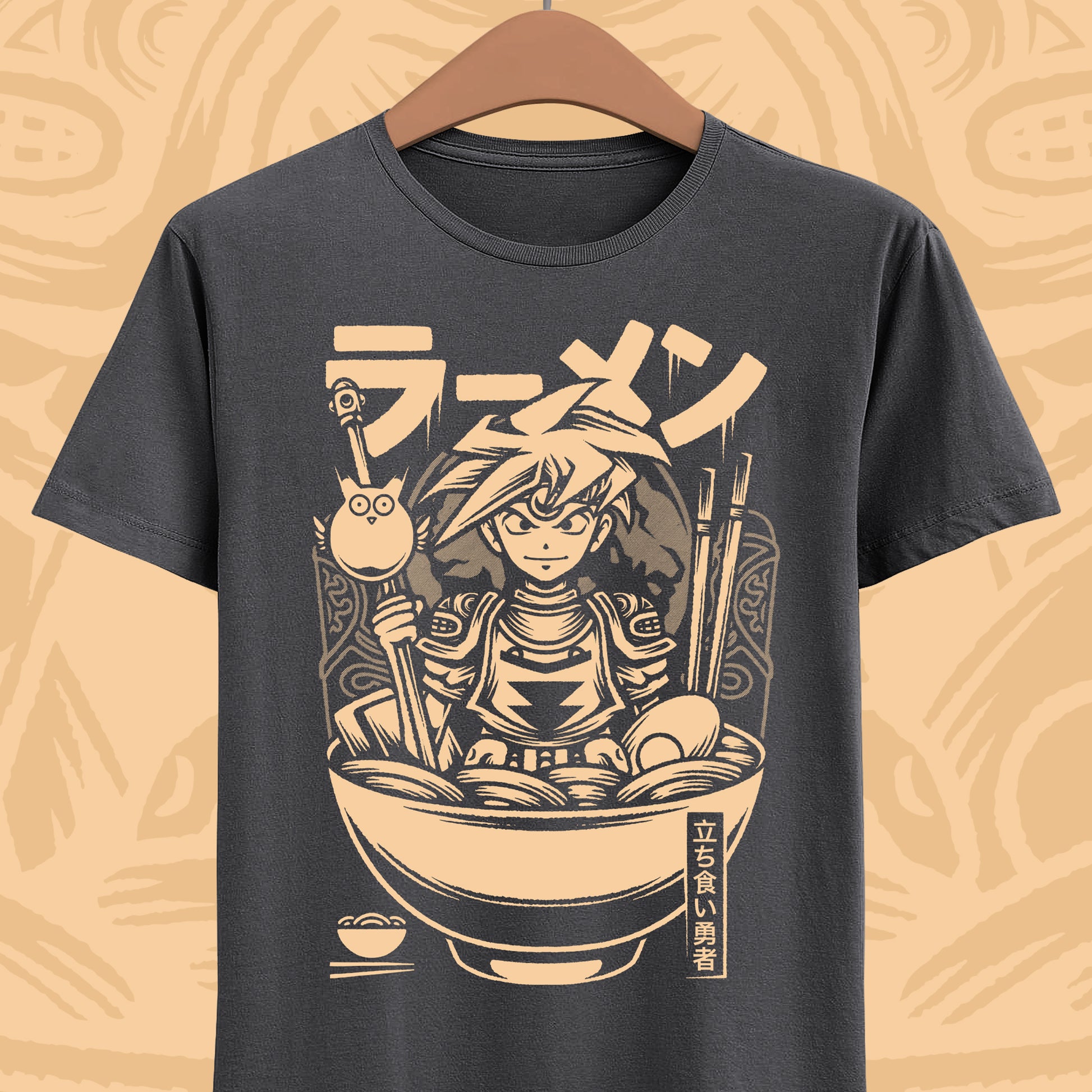 Terranigma Ark and Yomi Noodle King ramen t-shirt inspired by the Neotokio noodle eating contest from the classic SNES RPG.