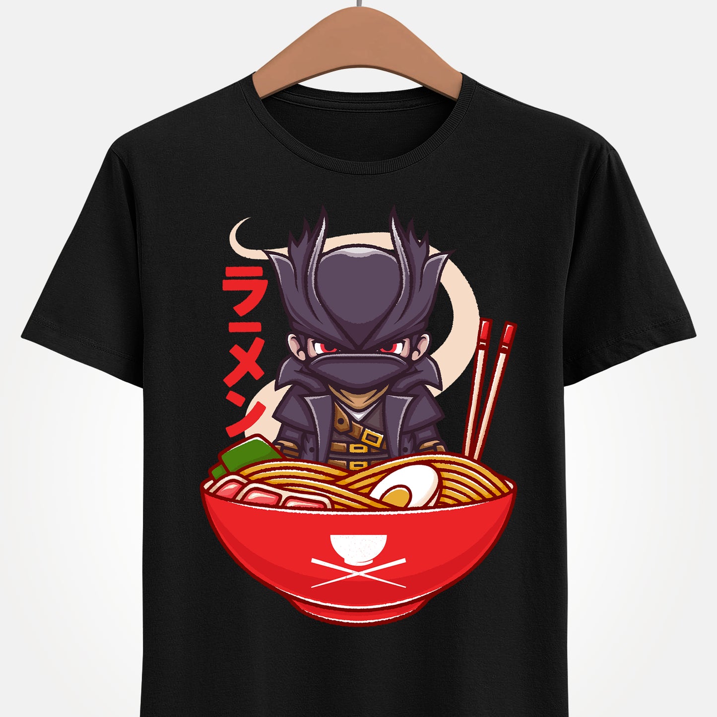 Bloodborne Hunter ramen t-shirt inspired by the gothic action RPG video game Bloodborne. Featuring the iconic Hunter inside a ramen bowl in a dark fantasy art style, this unisex gamer shirt blends Victorian horror aesthetics with playful Japanese food design. Perfect Soulsborne merch for fans of challenging action RPGs, gothic atmospheres, and cult classic PlayStation titles. Gamer shirt inspired by The Hunter main character of Bloodborne video game in a ramen bowl in kawaii art style.