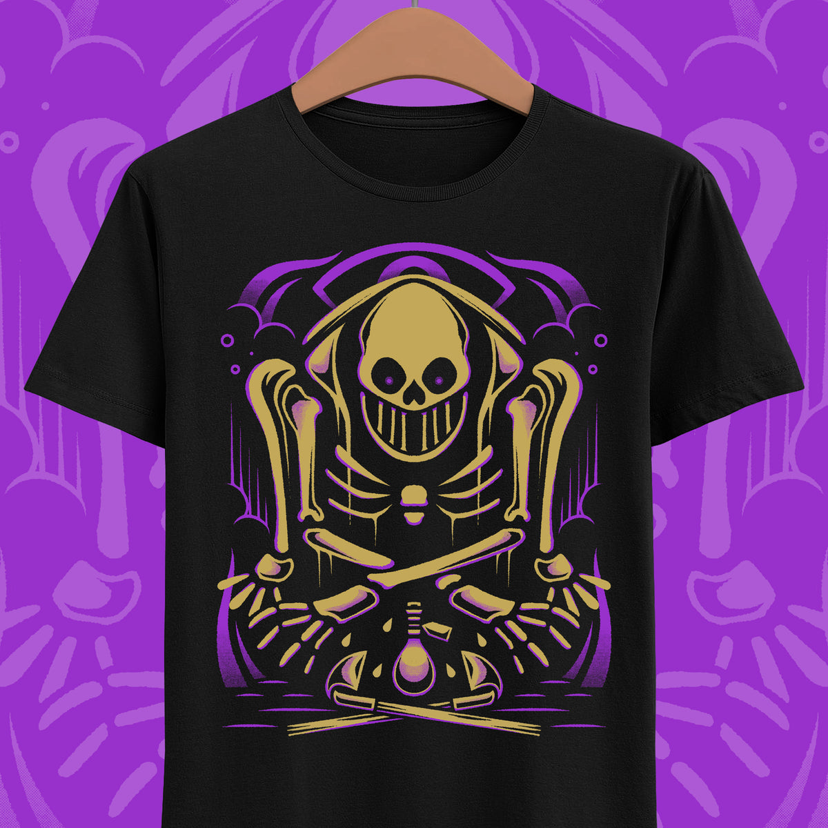 Farmer Hans Welcome to Elderfield t-shirt featuring the skeletal farmer character