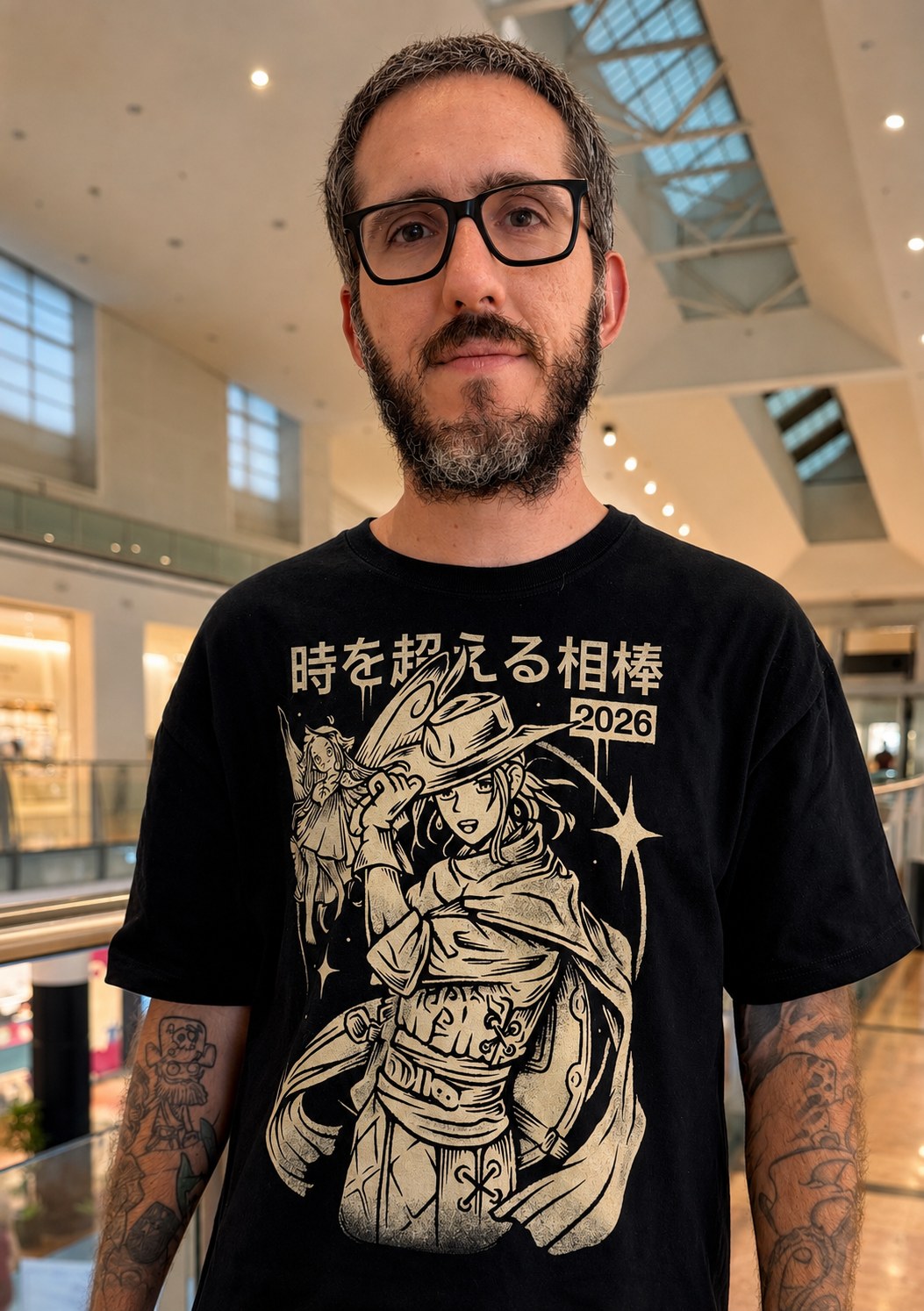 Real Alundrart gaming T-shirt worn by artist Alberto, showing the finished printed artwork.