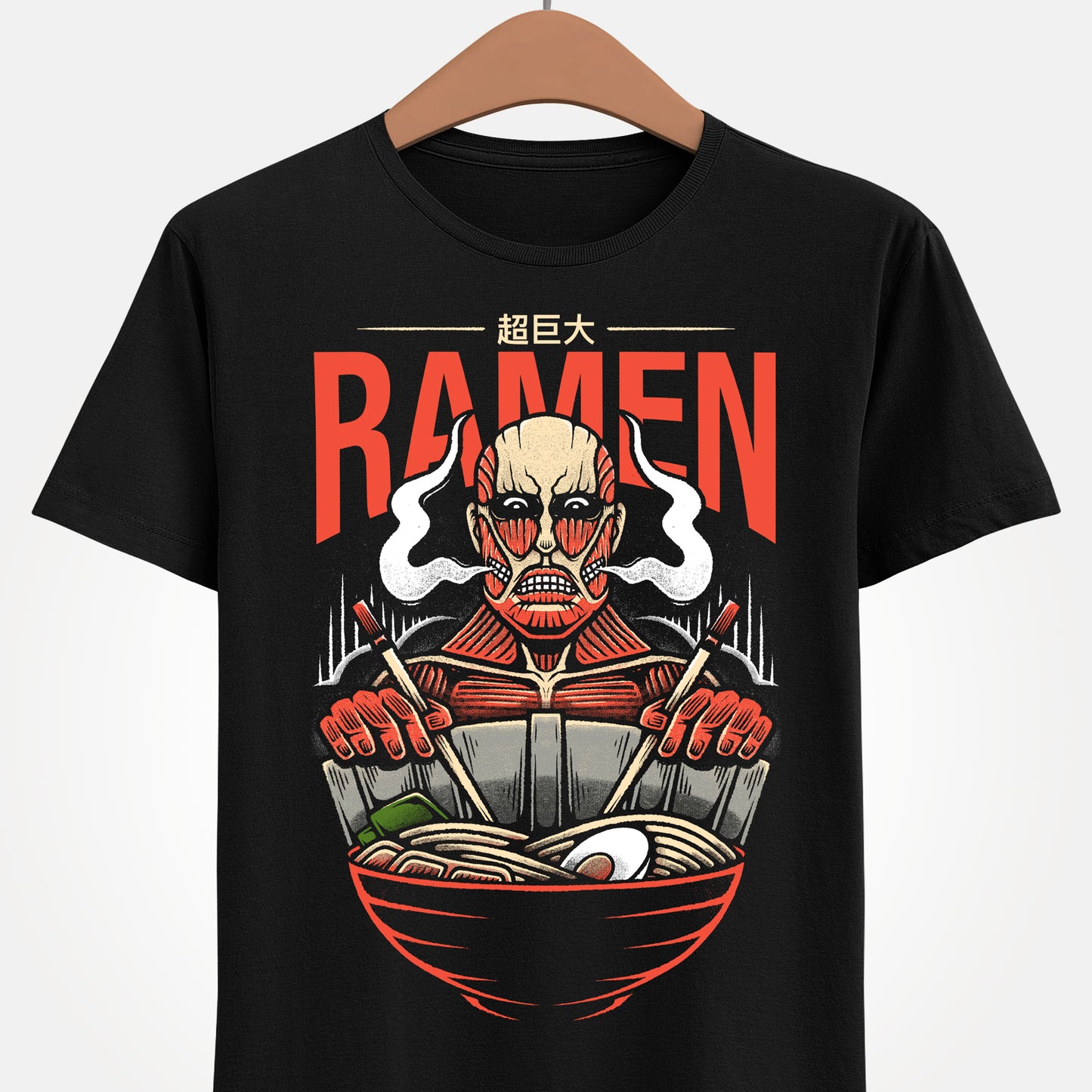 Colossal Titan Attack on Titan ramen t-shirt featuring Bertolt Hoover eating Japanese noodles with chopsticks while leaning against Wall Maria in anime foodie style.