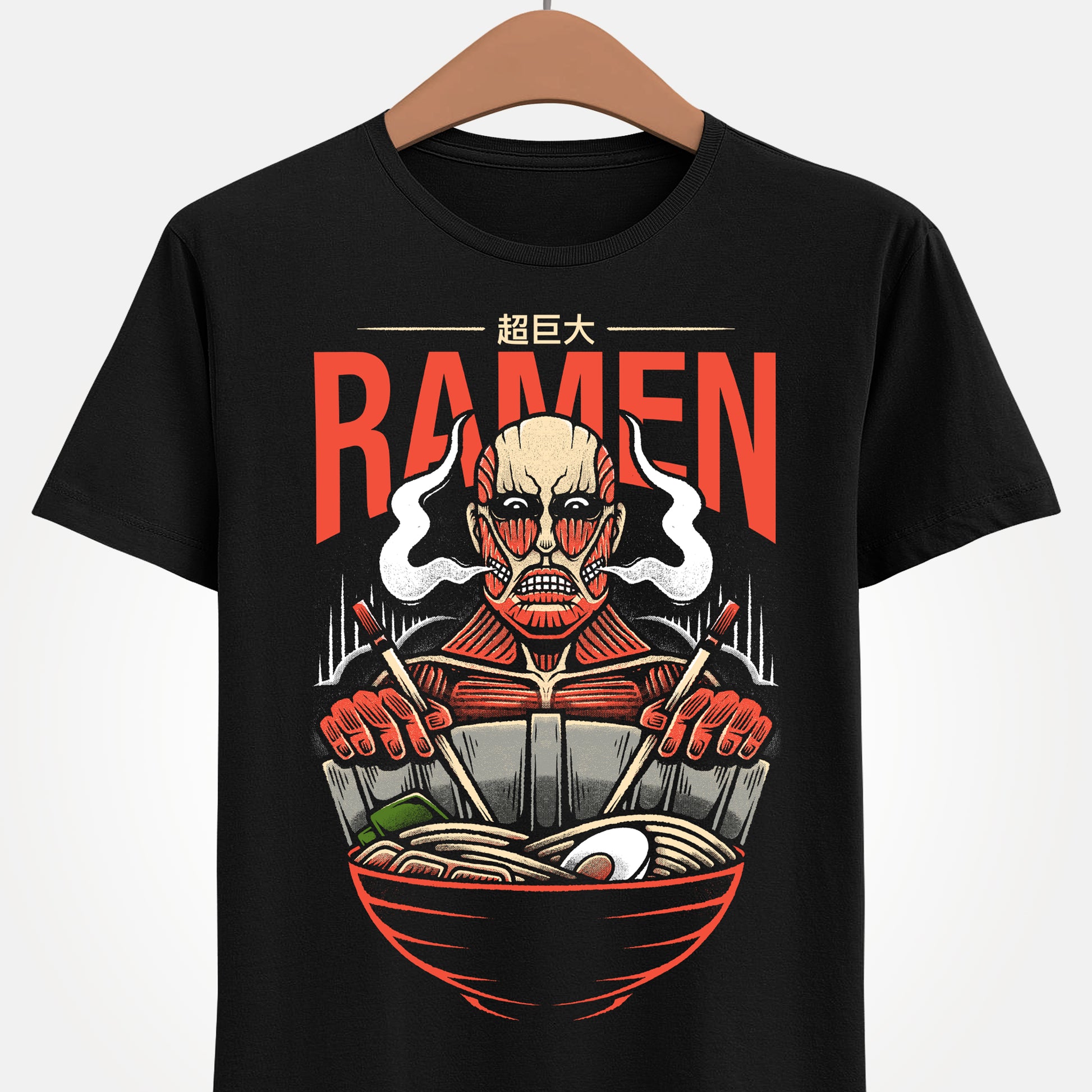 Colossal Titan Attack on Titan ramen t-shirt featuring Bertolt Hoover eating Japanese noodles with chopsticks while leaning against Wall Maria in anime foodie style.