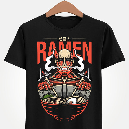 Colossal Titan Attack on Titan ramen t-shirt featuring Bertolt Hoover eating Japanese noodles with chopsticks while leaning against Wall Maria in anime foodie style.