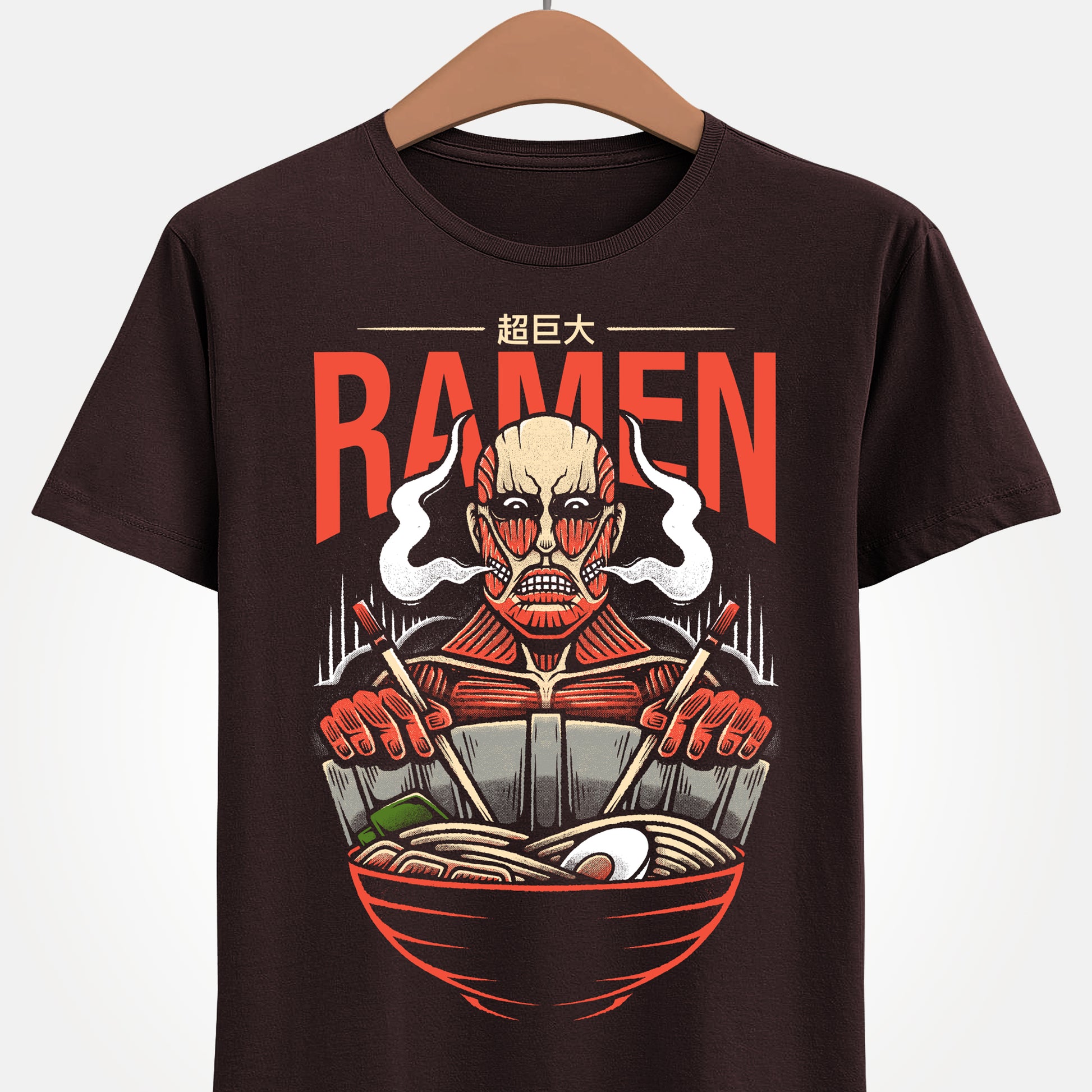 Colossal Titan Attack on Titan ramen t-shirt featuring Bertolt Hoover eating Japanese noodles with chopsticks while leaning against Wall Maria in anime foodie style.