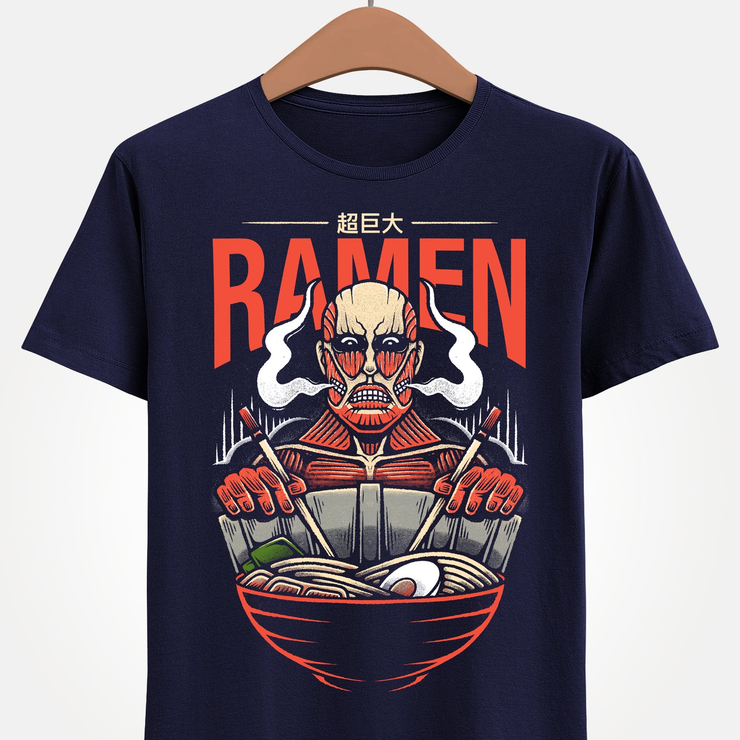 Colossal Titan Attack on Titan ramen t-shirt featuring Bertolt Hoover eating Japanese noodles with chopsticks while leaning against Wall Maria in anime foodie style.