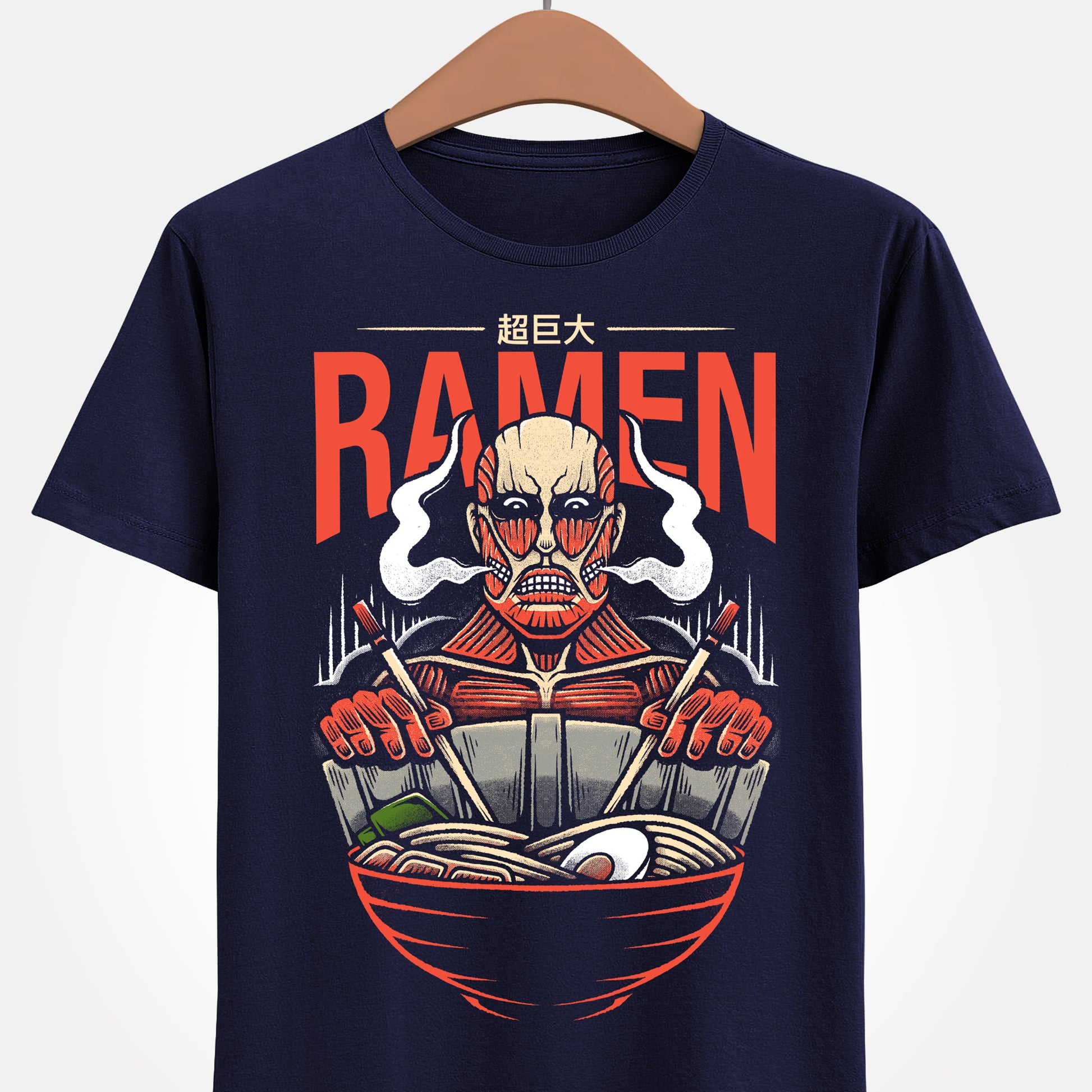 Colossal Titan Attack on Titan ramen t-shirt featuring Bertolt Hoover eating Japanese noodles with chopsticks while leaning against Wall Maria in anime foodie style.