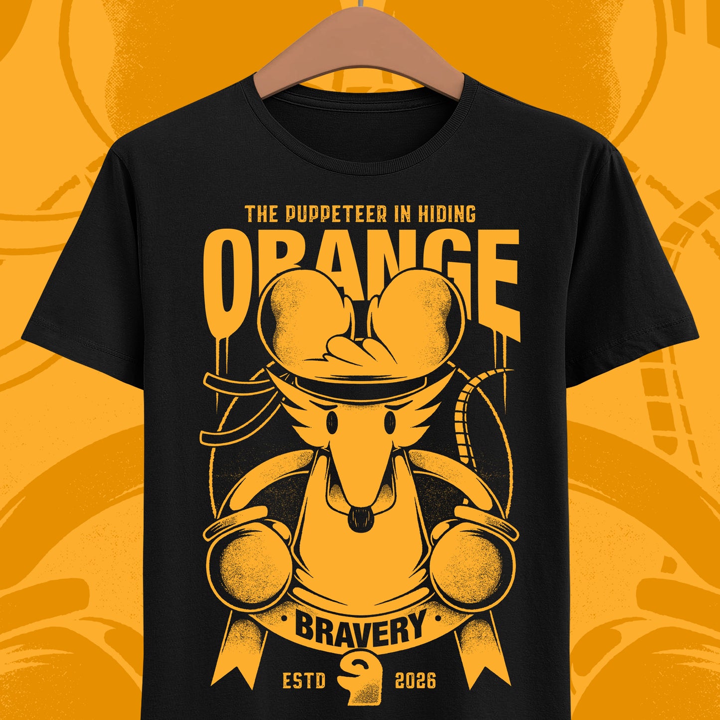Orange Flower t-shirt inspired by Deltarune Chapter 5 featuring the Bravery SOUL flower with hidden puppeteer references in a vintage emblem style.