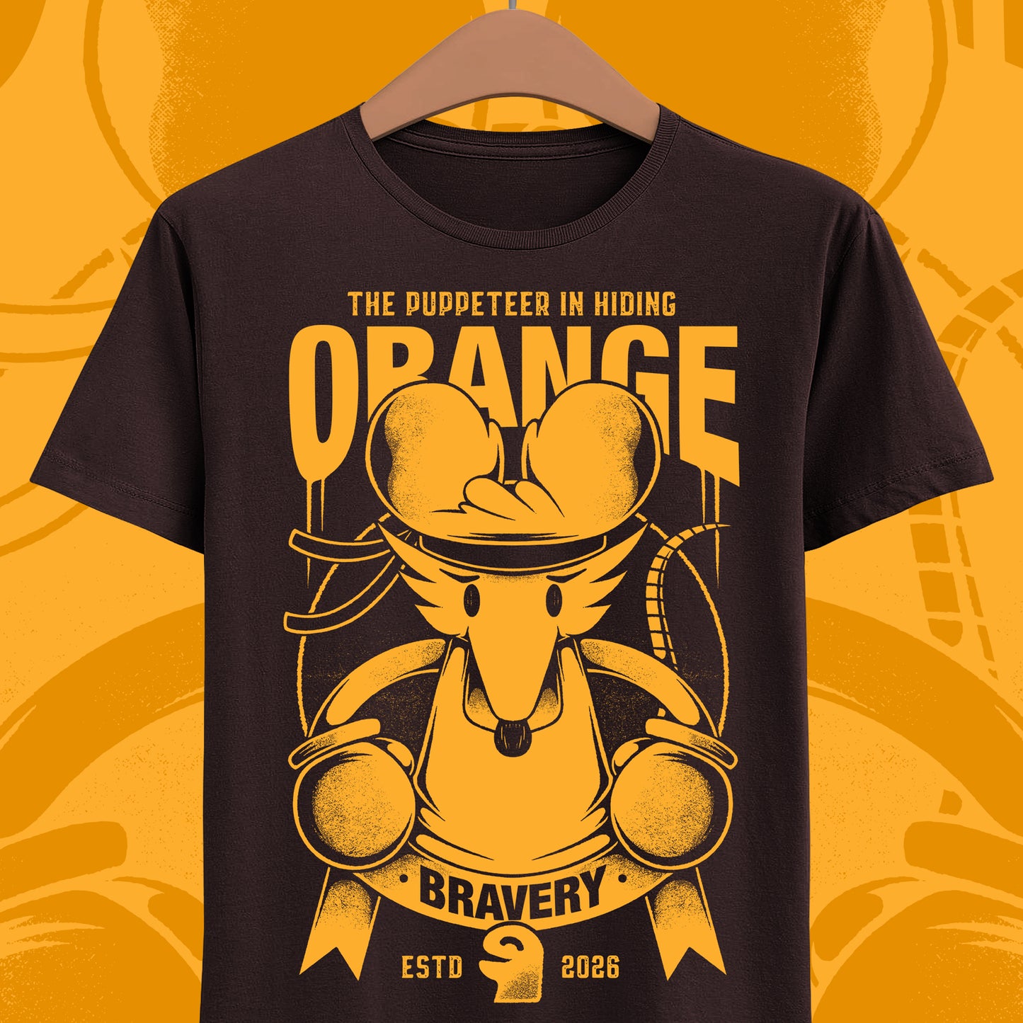 Orange Flower t-shirt inspired by Deltarune Chapter 5 featuring the Bravery SOUL flower with hidden puppeteer references in a vintage emblem style.
