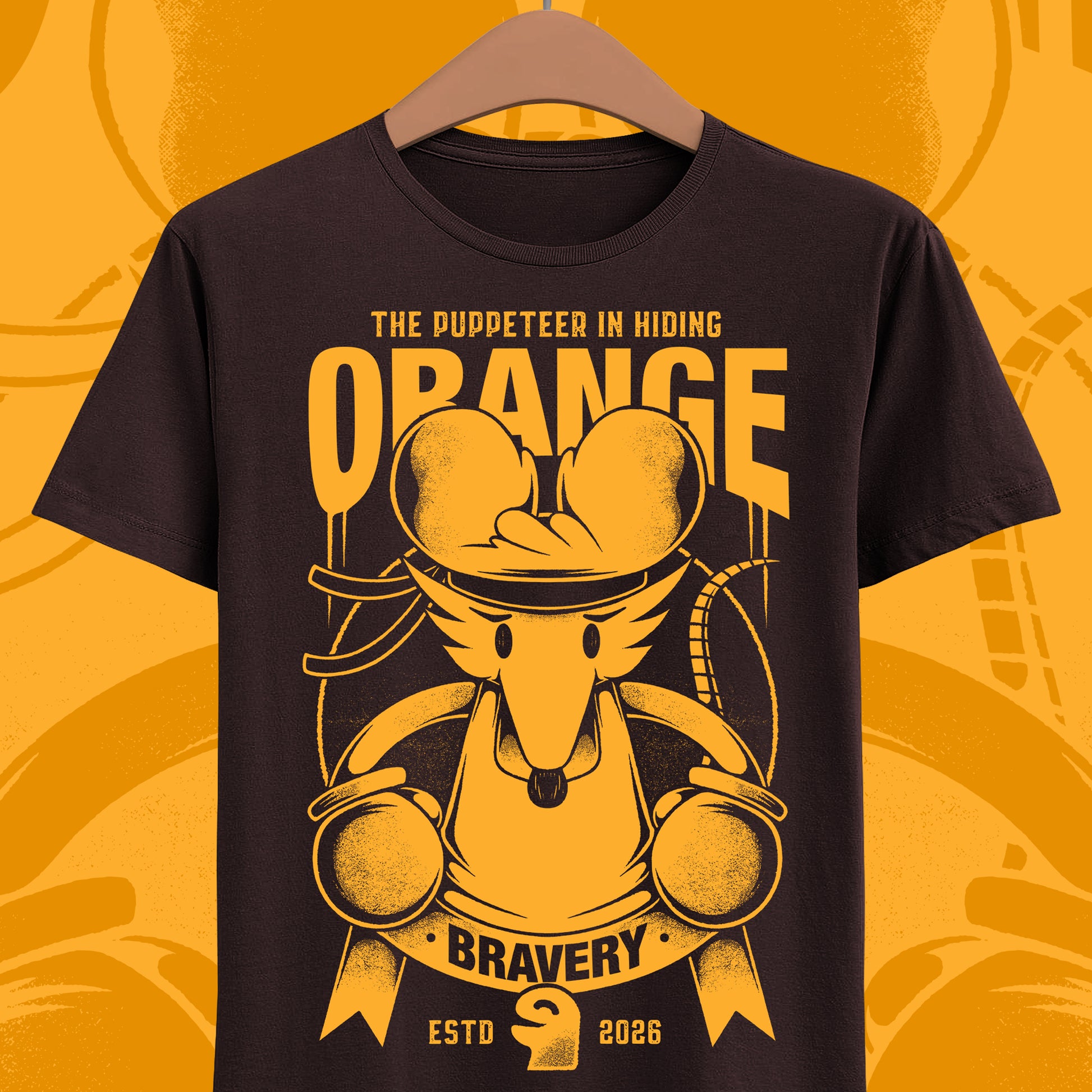 Orange Flower t-shirt inspired by Deltarune Chapter 5 featuring the Bravery SOUL flower with hidden puppeteer references in a vintage emblem style.