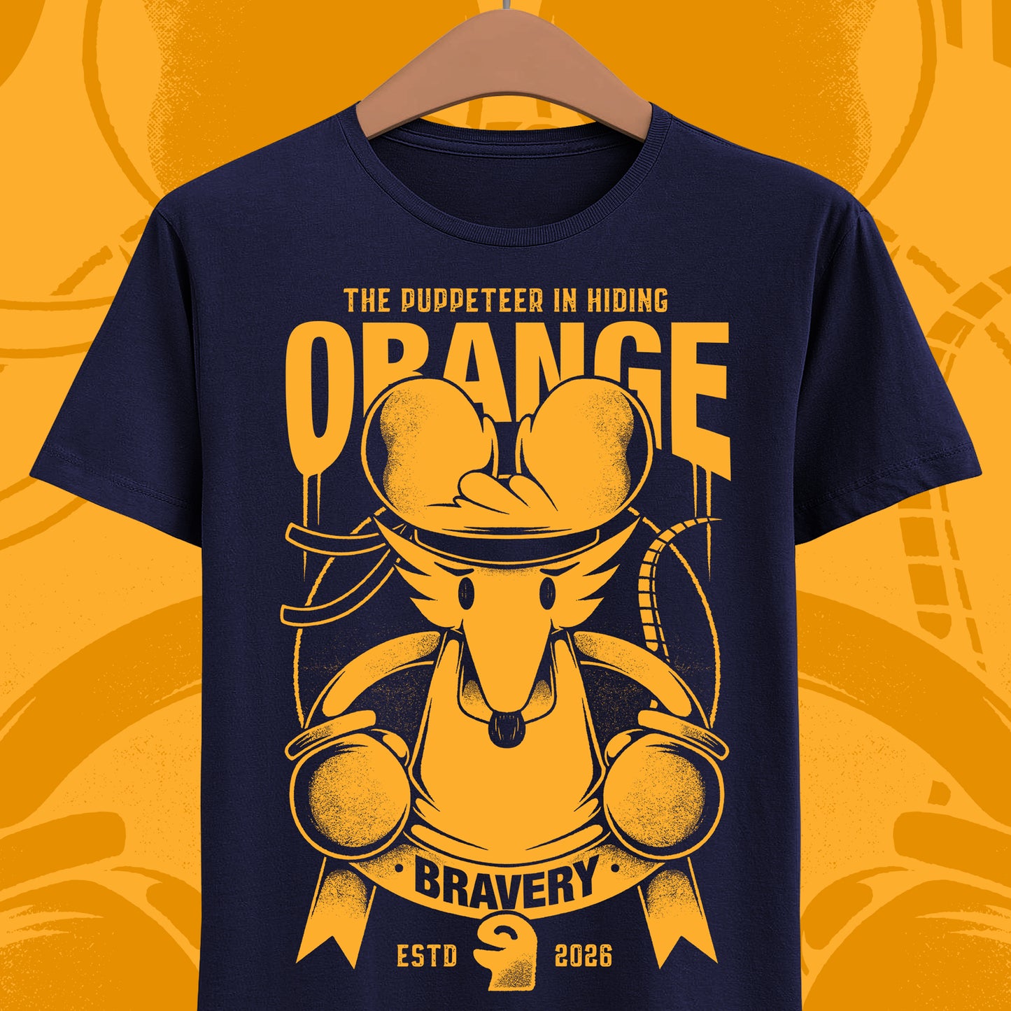 Orange Flower t-shirt inspired by Deltarune Chapter 5 featuring the Bravery SOUL flower with hidden puppeteer references in a vintage emblem style.