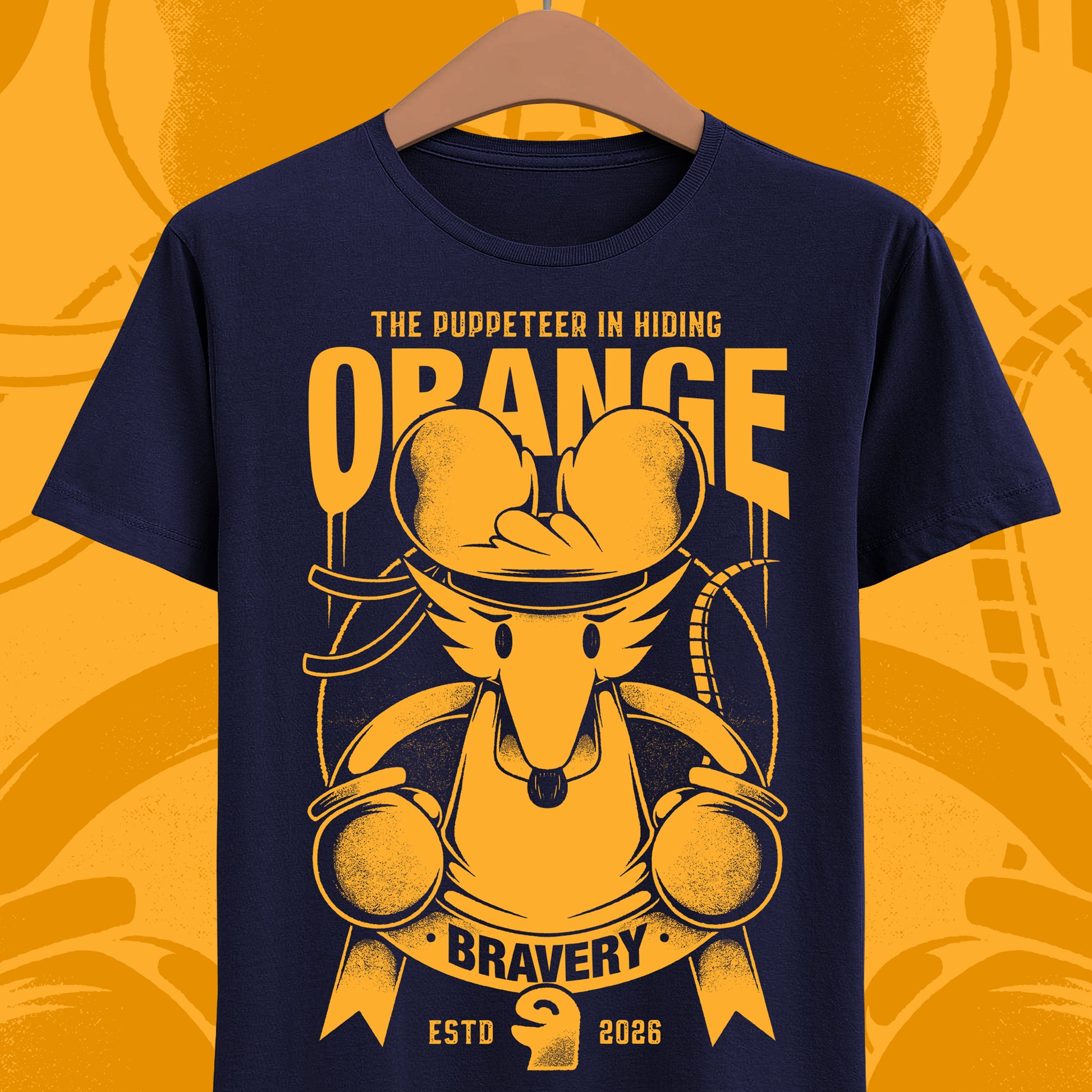 Orange Flower t-shirt inspired by Deltarune Chapter 5 featuring the Bravery SOUL flower with hidden puppeteer references in a vintage emblem style.