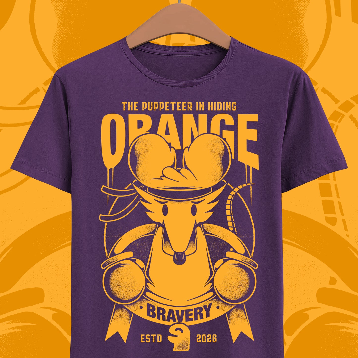 Orange Flower t-shirt inspired by Deltarune Chapter 5 featuring the Bravery SOUL flower with hidden puppeteer references in a vintage emblem style.