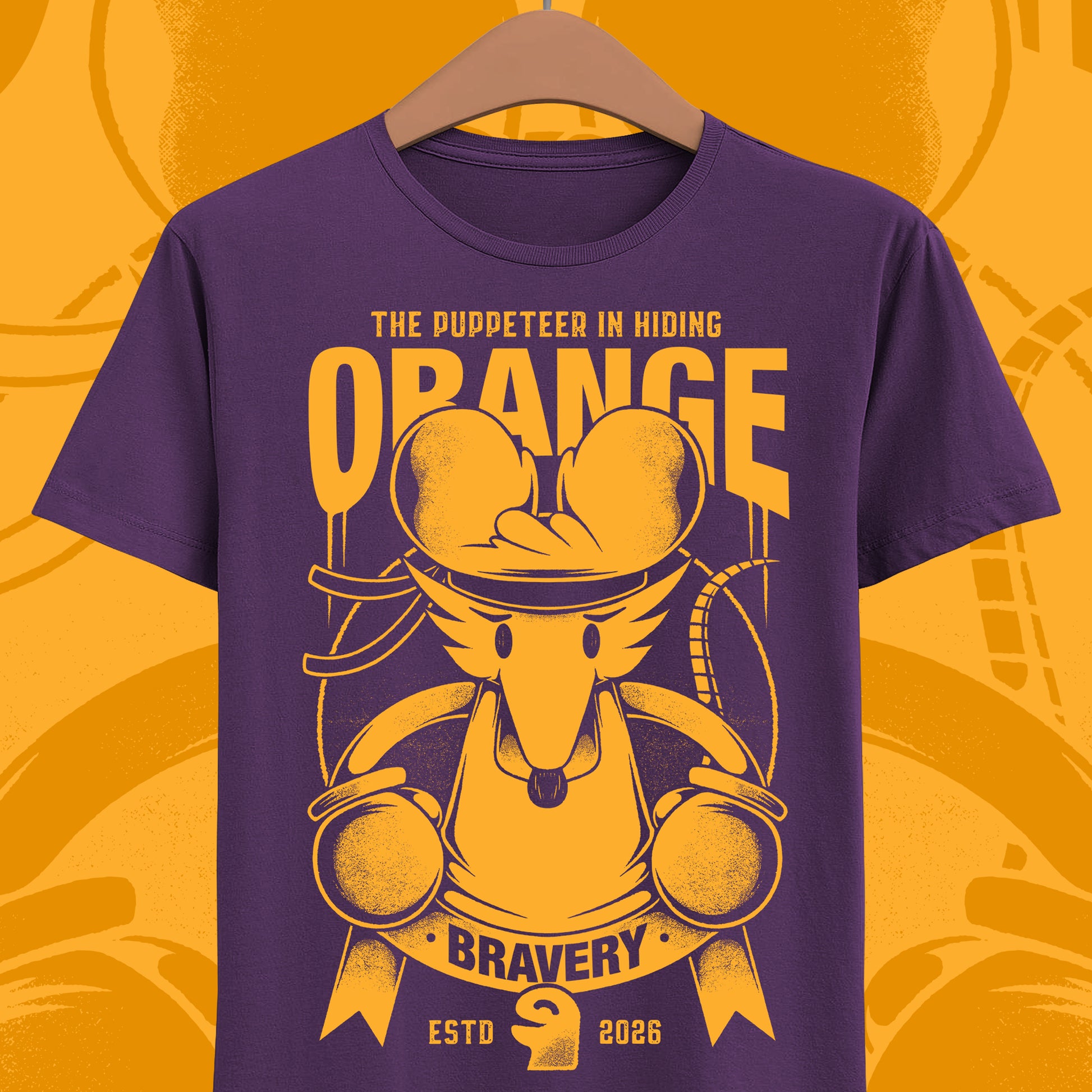 Orange Flower t-shirt inspired by Deltarune Chapter 5 featuring the Bravery SOUL flower with hidden puppeteer references in a vintage emblem style.