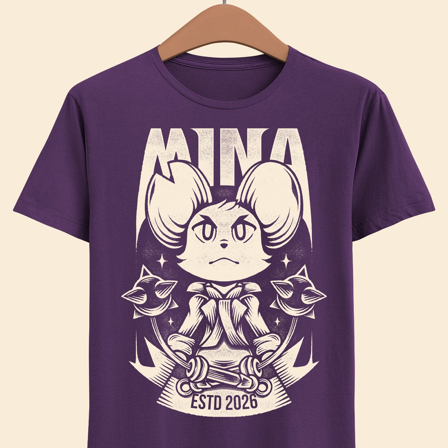 Mina the Hollower t-shirt featuring Mina wielding the Nightstar Whip in a gothic pixel art indie action RPG inspired design set in Tenebrous Isle.