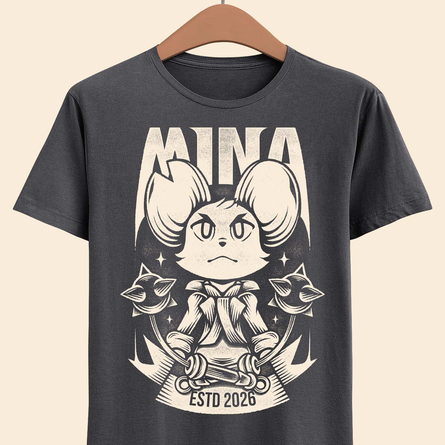 Mina the Hollower t-shirt featuring Mina wielding the Nightstar Whip in a gothic pixel art indie action RPG inspired design set in Tenebrous Isle.