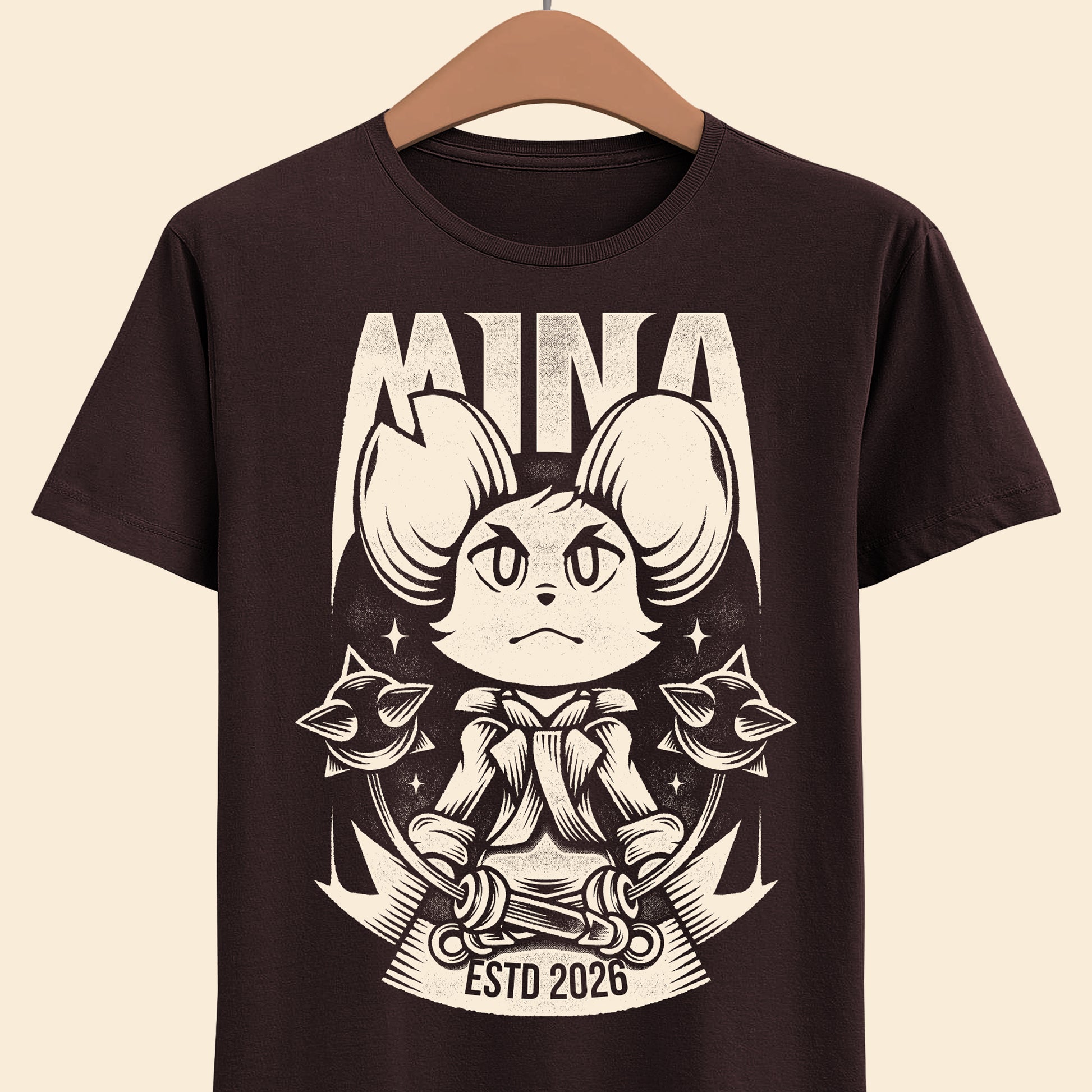 Mina the Hollower t-shirt featuring Mina wielding the Nightstar Whip in a gothic pixel art indie action RPG inspired design set in Tenebrous Isle.