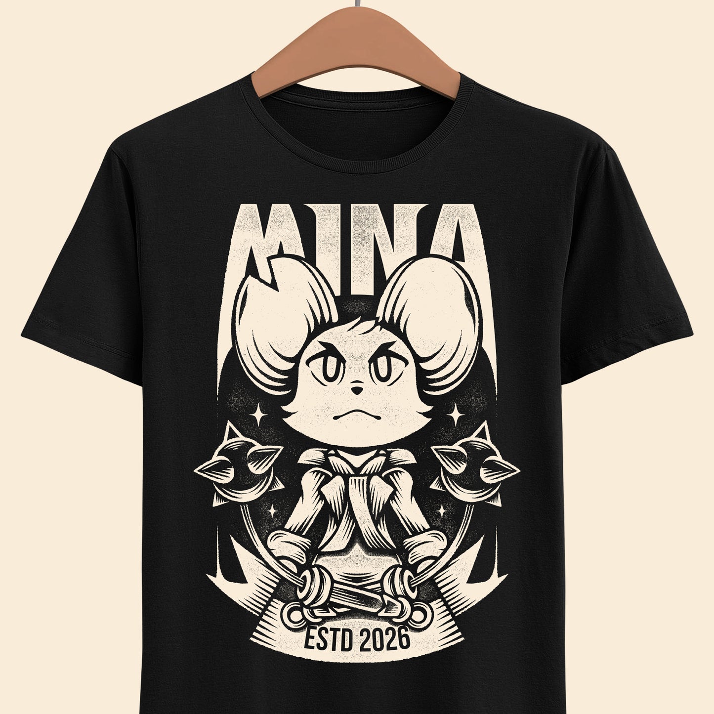 Mina the Hollower t-shirt featuring Mina wielding the Nightstar Whip in a gothic pixel art indie action RPG inspired design set in Tenebrous Isle.