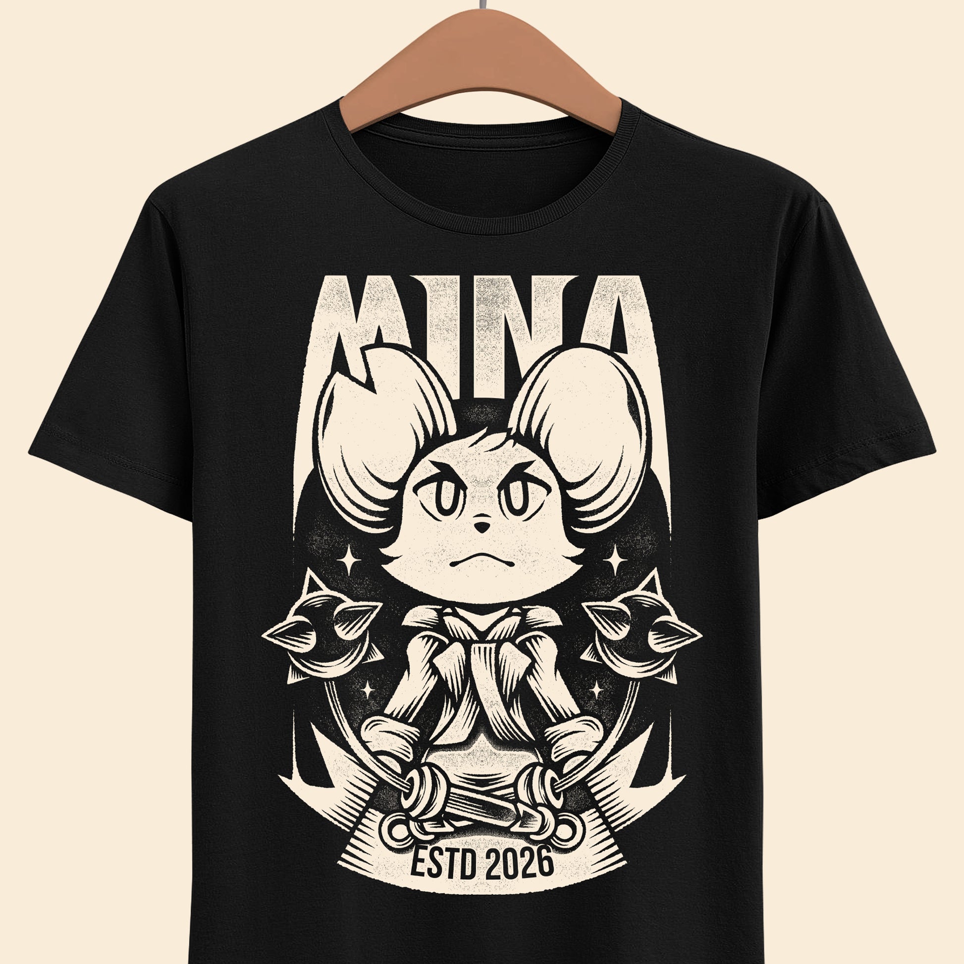 Mina the Hollower t-shirt featuring Mina wielding the Nightstar Whip in a gothic pixel art indie action RPG inspired design set in Tenebrous Isle.