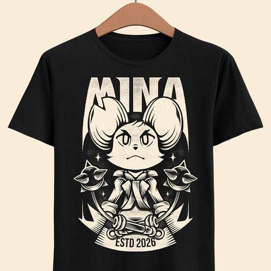 Mina the Hollower t-shirt featuring Mina wielding the Nightstar Whip in a gothic pixel art indie action RPG inspired design set in Tenebrous Isle.