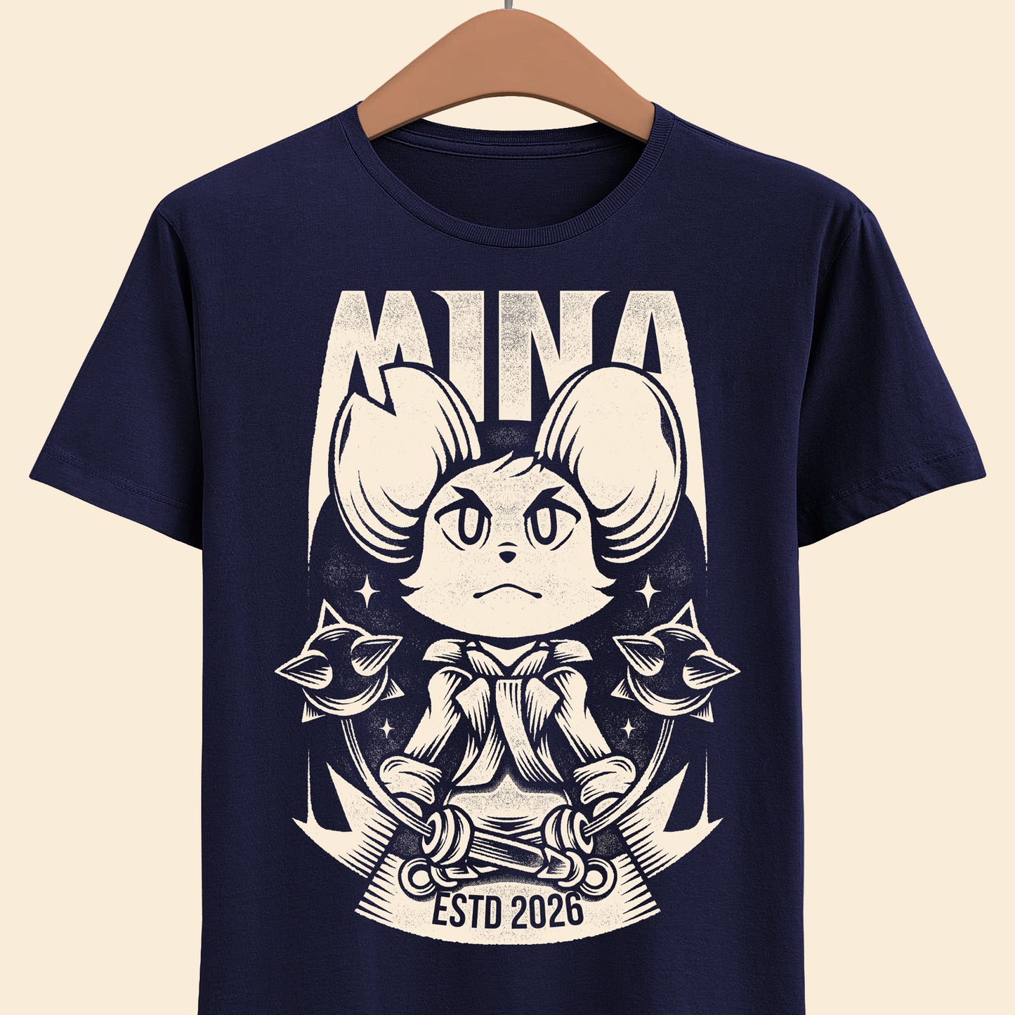 Mina the Hollower t-shirt featuring Mina wielding the Nightstar Whip in a gothic pixel art indie action RPG inspired design set in Tenebrous Isle.