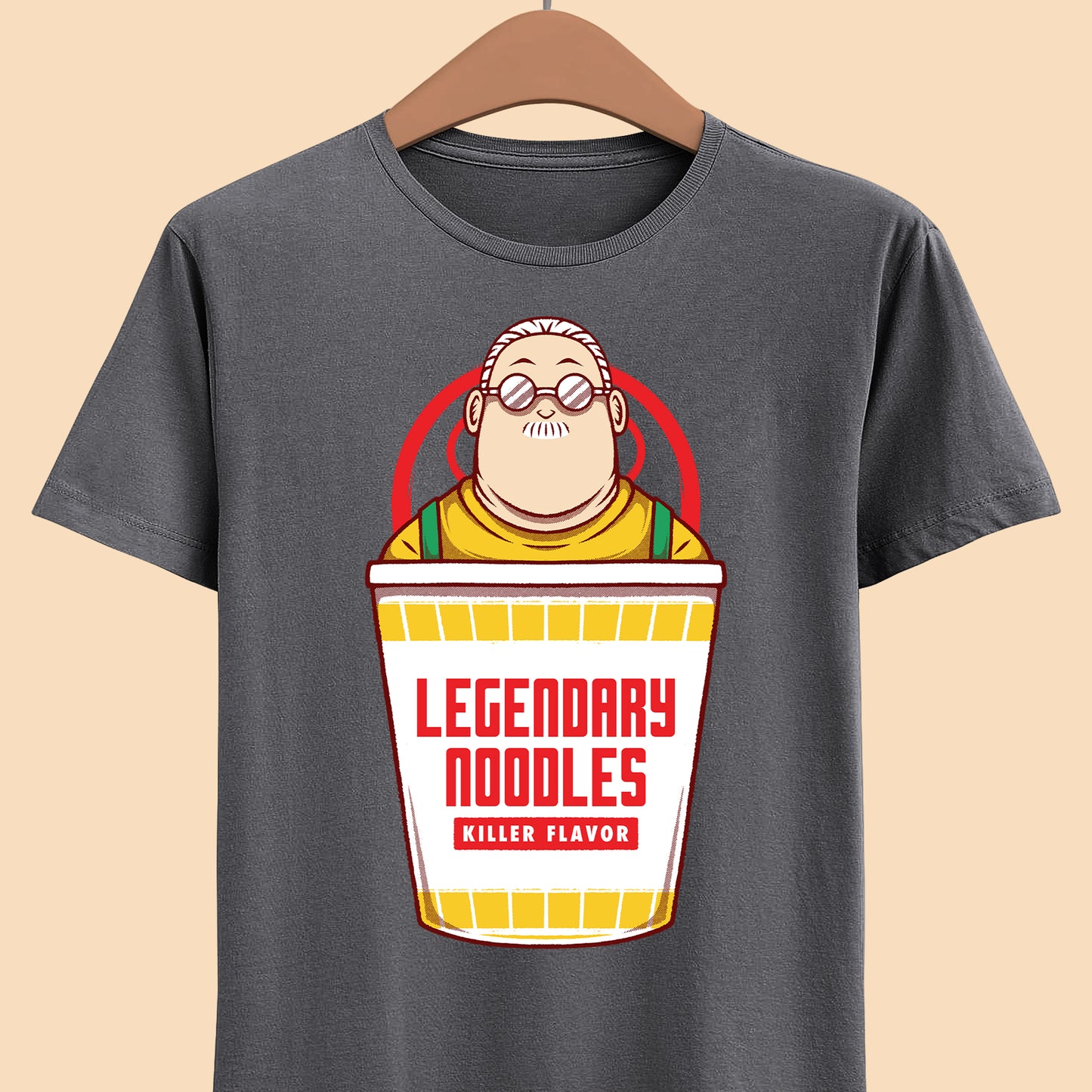 Taro Sakamoto Sakamoto Days instant noodles ramen t-shirt featuring the legendary hitman inside a Japanese noodle cup in funny foodie anime streetwear style.