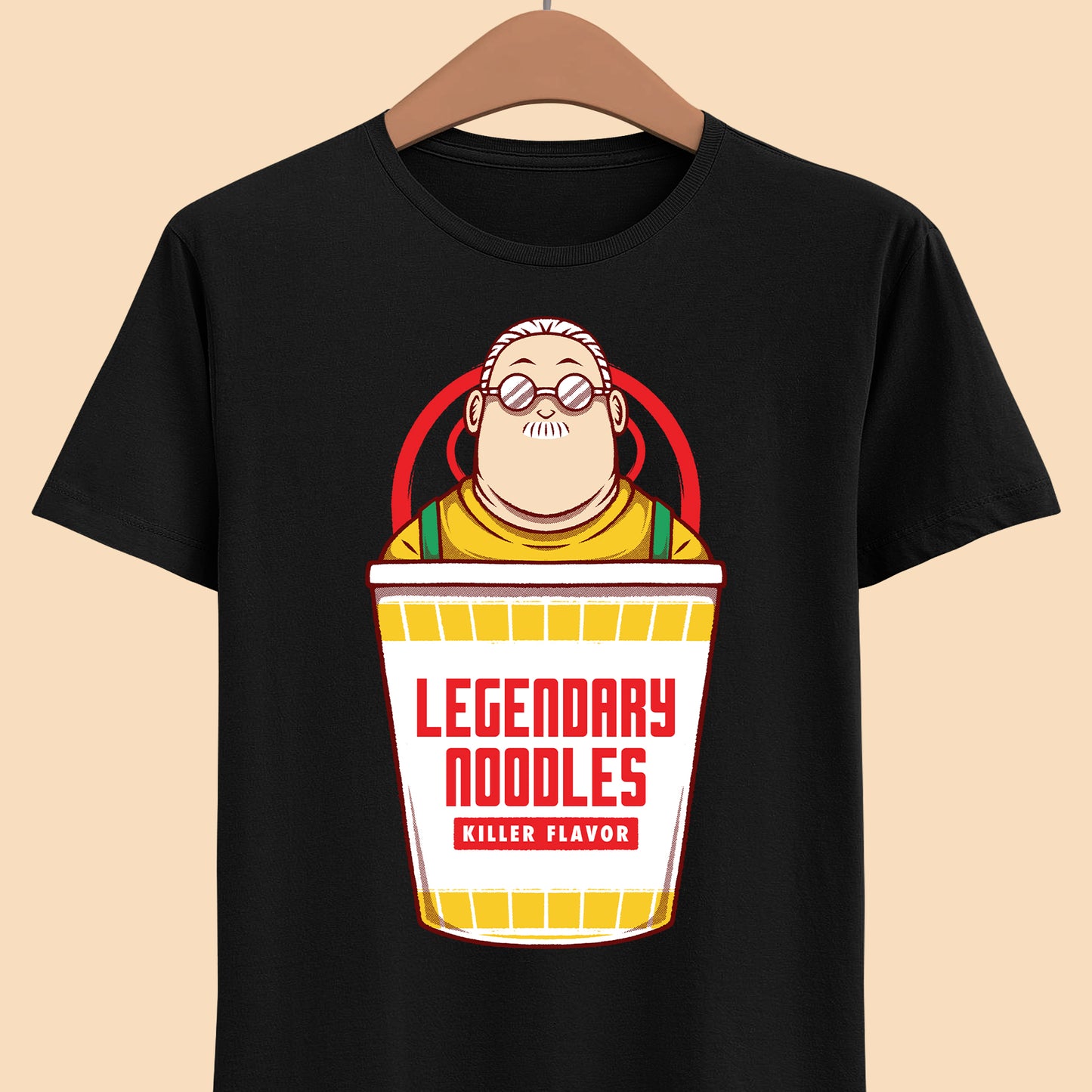 Taro Sakamoto Sakamoto Days instant noodles ramen t-shirt featuring the legendary hitman inside a Japanese noodle cup in funny foodie anime streetwear style.