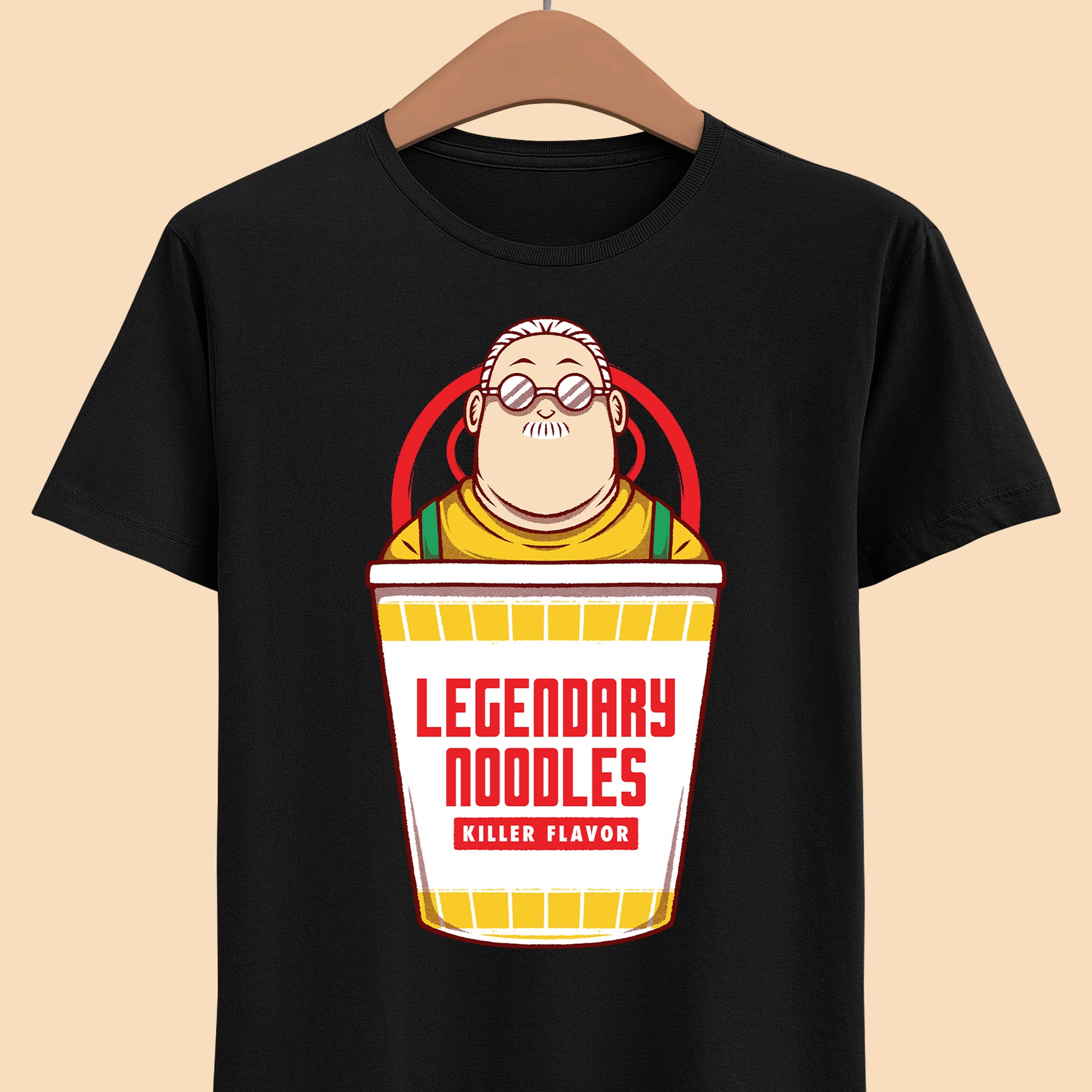 Taro Sakamoto Sakamoto Days instant noodles ramen t-shirt featuring the legendary hitman inside a Japanese noodle cup in funny foodie anime streetwear style.