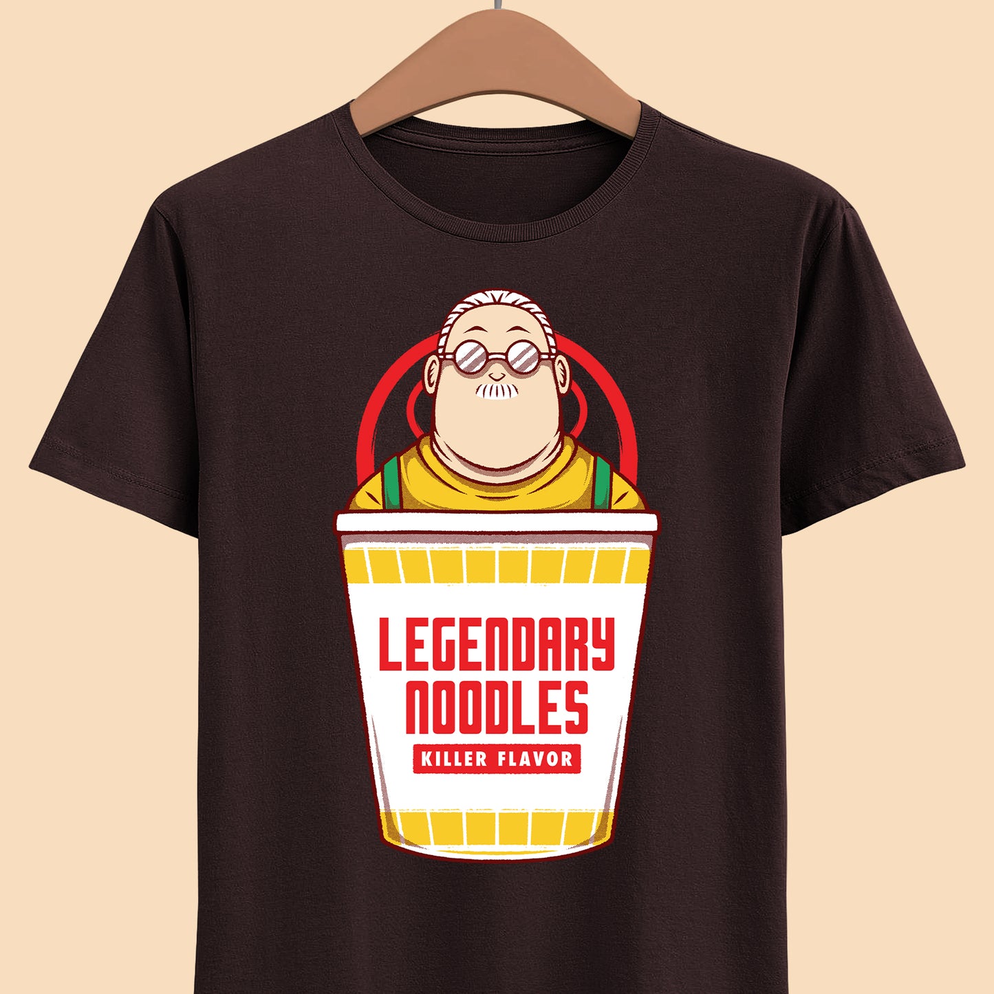 Taro Sakamoto Sakamoto Days instant noodles ramen t-shirt featuring the legendary hitman inside a Japanese noodle cup in funny foodie anime streetwear style.