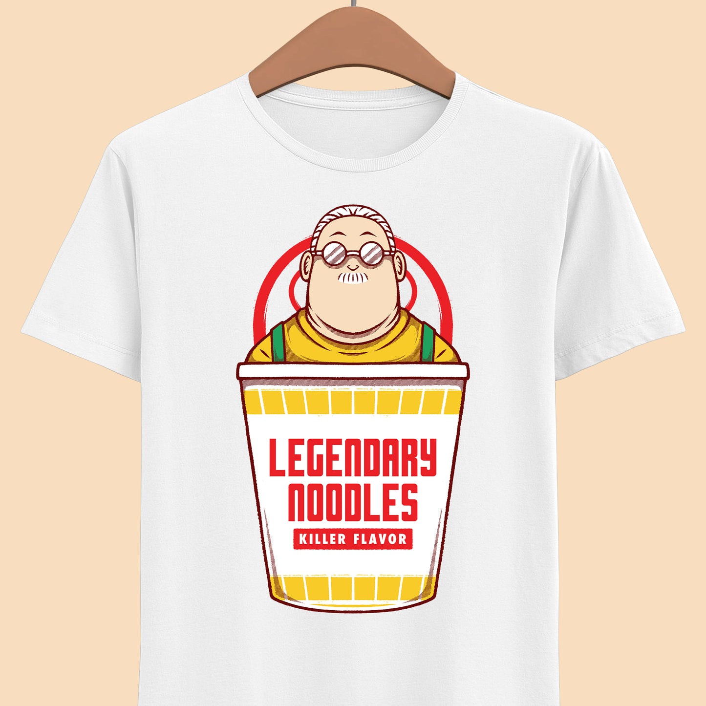 Taro Sakamoto Sakamoto Days instant noodles ramen t-shirt featuring the legendary hitman inside a Japanese noodle cup in funny foodie anime streetwear style.