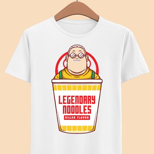 Taro Sakamoto Sakamoto Days instant noodles ramen t-shirt featuring the legendary hitman inside a Japanese noodle cup in funny foodie anime streetwear style.