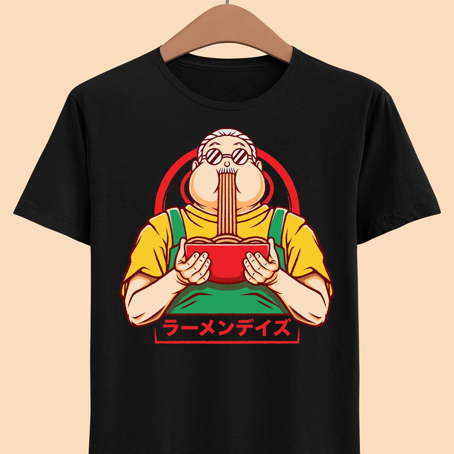 Taro Sakamoto Sakamoto Days ramen t-shirt featuring the legendary hitman inside a Japanese noodle bowl in foodie anime streetwear style.