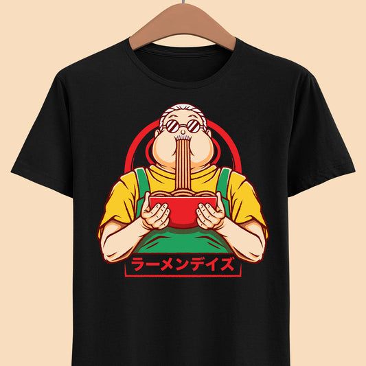 Taro Sakamoto Sakamoto Days ramen t-shirt featuring the legendary hitman inside a Japanese noodle bowl in foodie anime streetwear style.