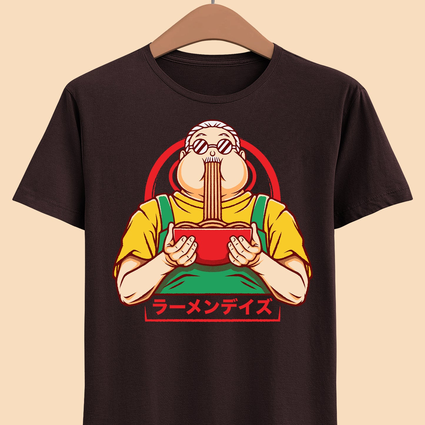 Taro Sakamoto Sakamoto Days ramen t-shirt featuring the legendary hitman inside a Japanese noodle bowl in foodie anime streetwear style.