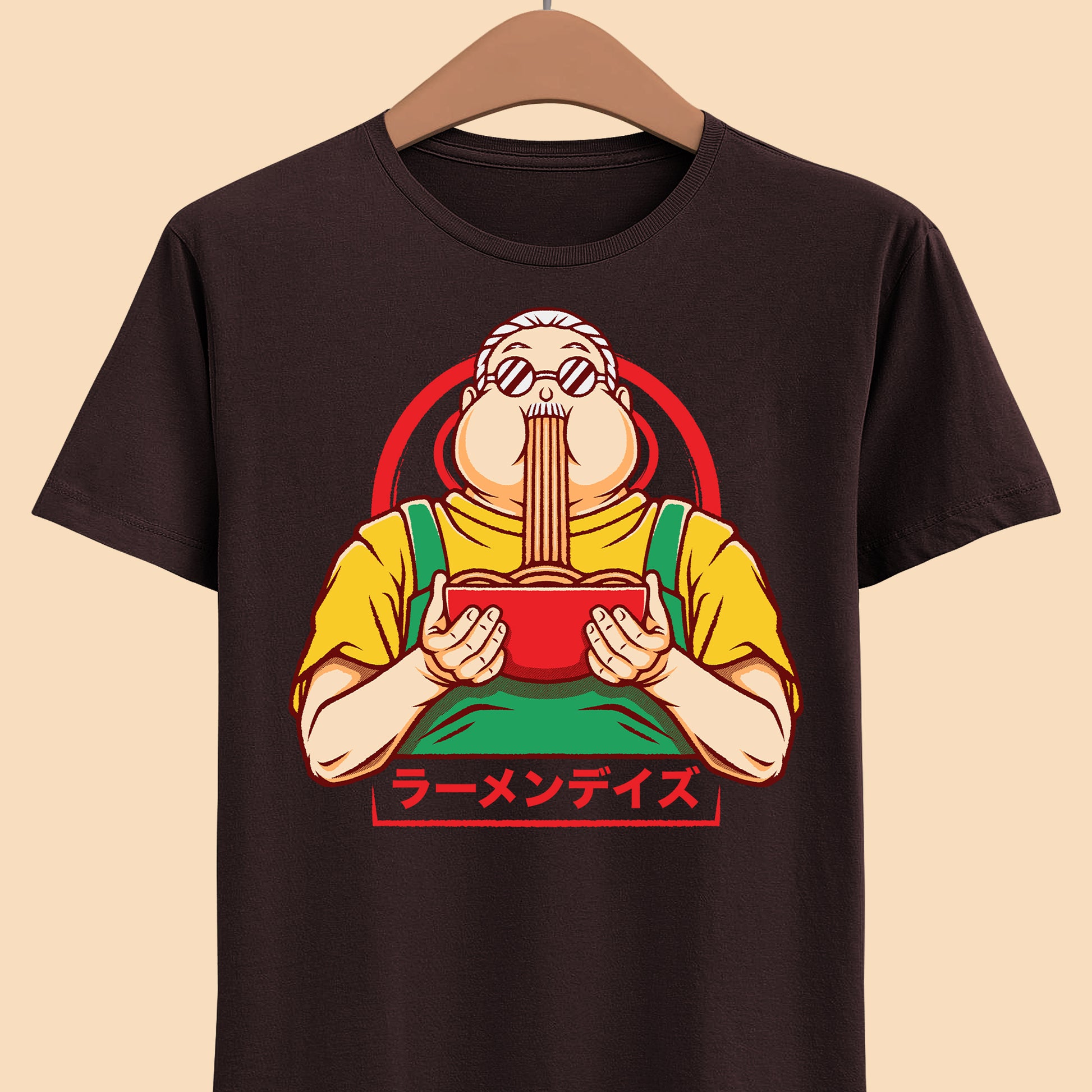 Taro Sakamoto Sakamoto Days ramen t-shirt featuring the legendary hitman inside a Japanese noodle bowl in foodie anime streetwear style.