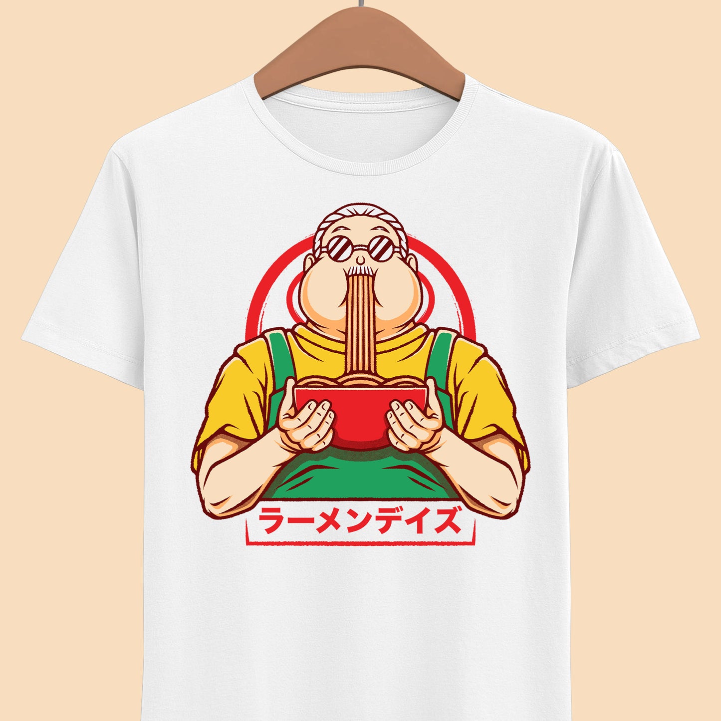 Taro Sakamoto Sakamoto Days ramen t-shirt featuring the legendary hitman inside a Japanese noodle bowl in foodie anime streetwear style.