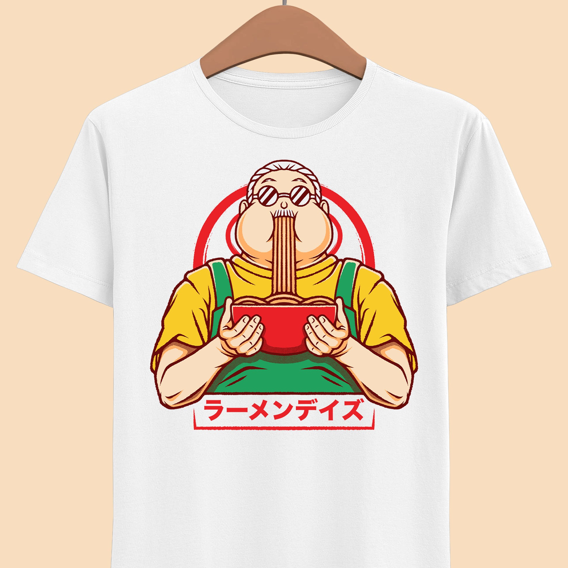 Taro Sakamoto Sakamoto Days ramen t-shirt featuring the legendary hitman inside a Japanese noodle bowl in foodie anime streetwear style.