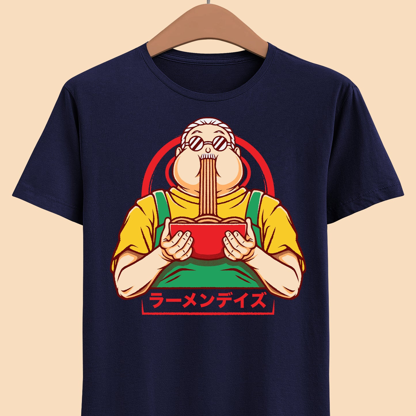 Taro Sakamoto Sakamoto Days ramen t-shirt featuring the legendary hitman inside a Japanese noodle bowl in foodie anime streetwear style.