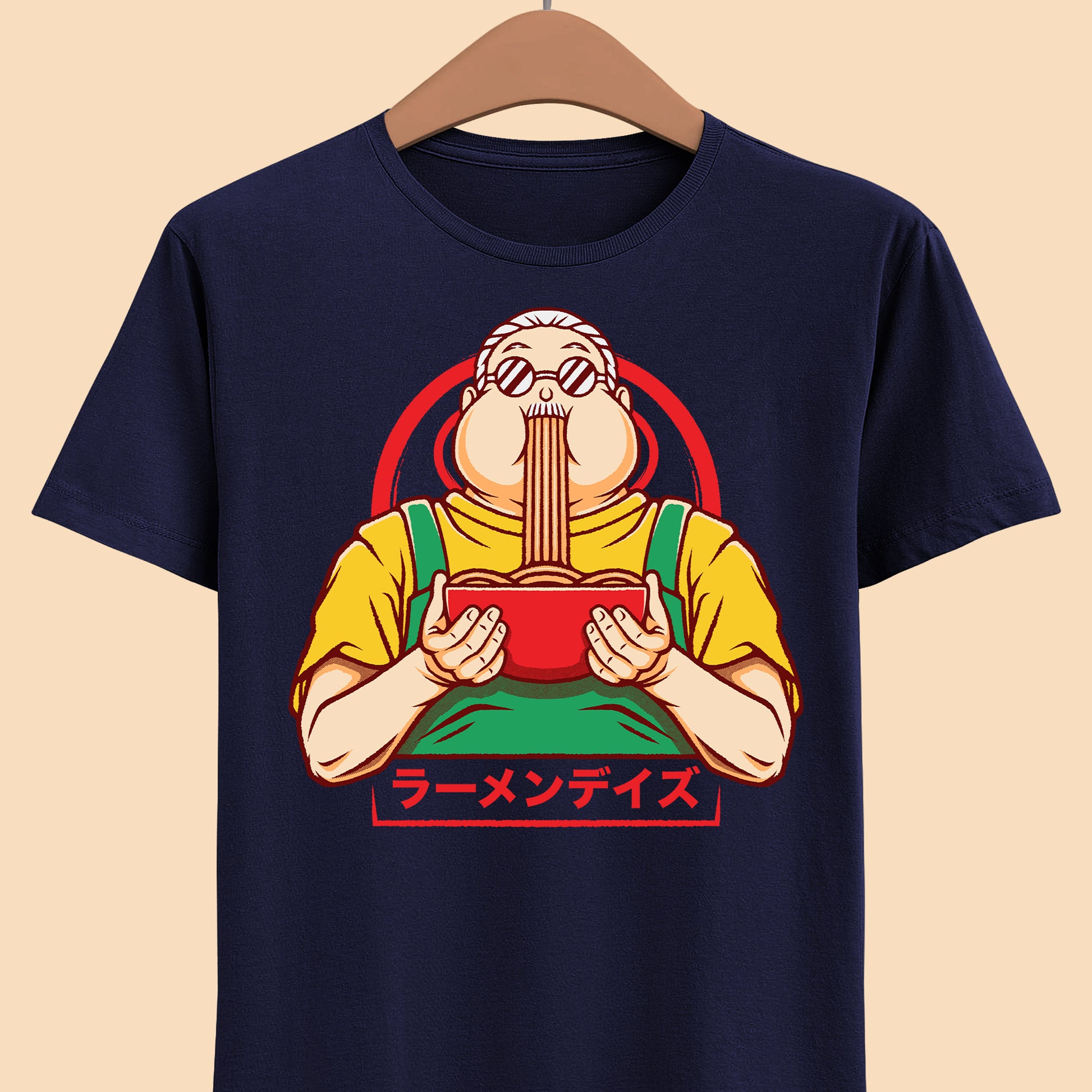 Taro Sakamoto Sakamoto Days ramen t-shirt featuring the legendary hitman inside a Japanese noodle bowl in foodie anime streetwear style.